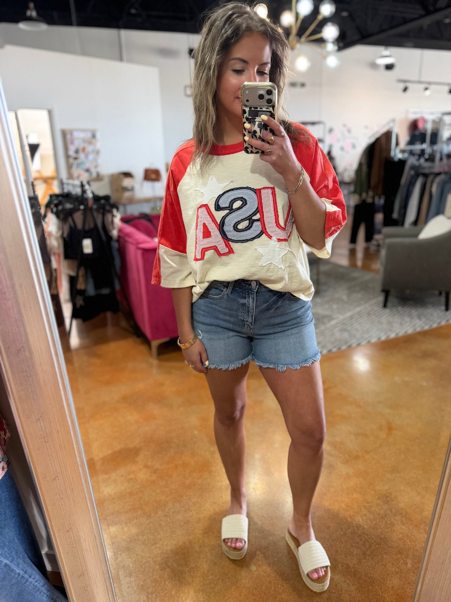 Red/Oat USA Star Patch Top