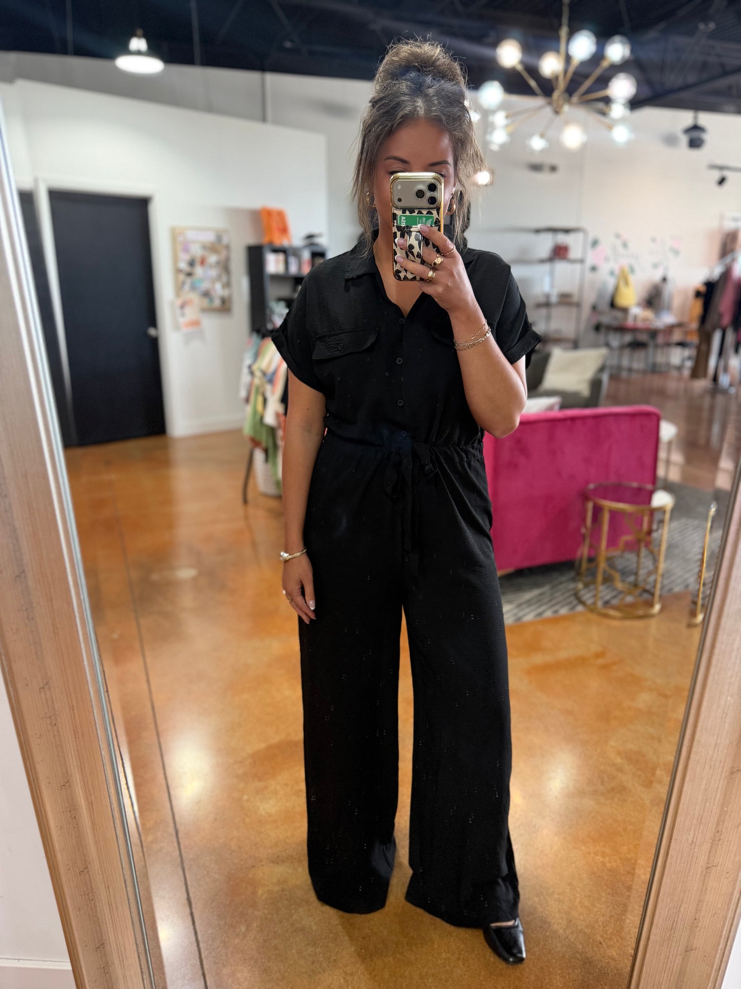 Black Short Sleeve Button V Neckline Jumpsuit
