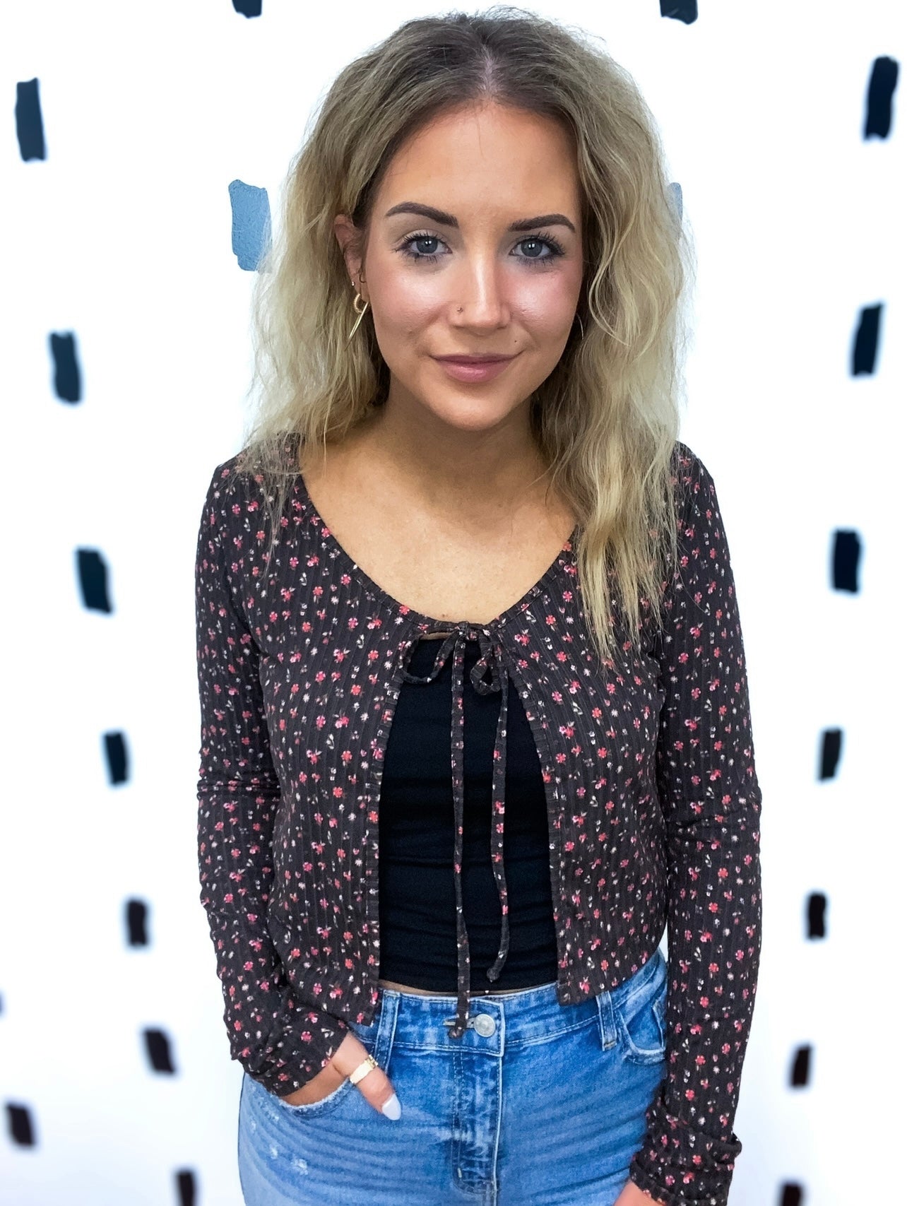 Charcoal Ditsy Flower Print Cardigan