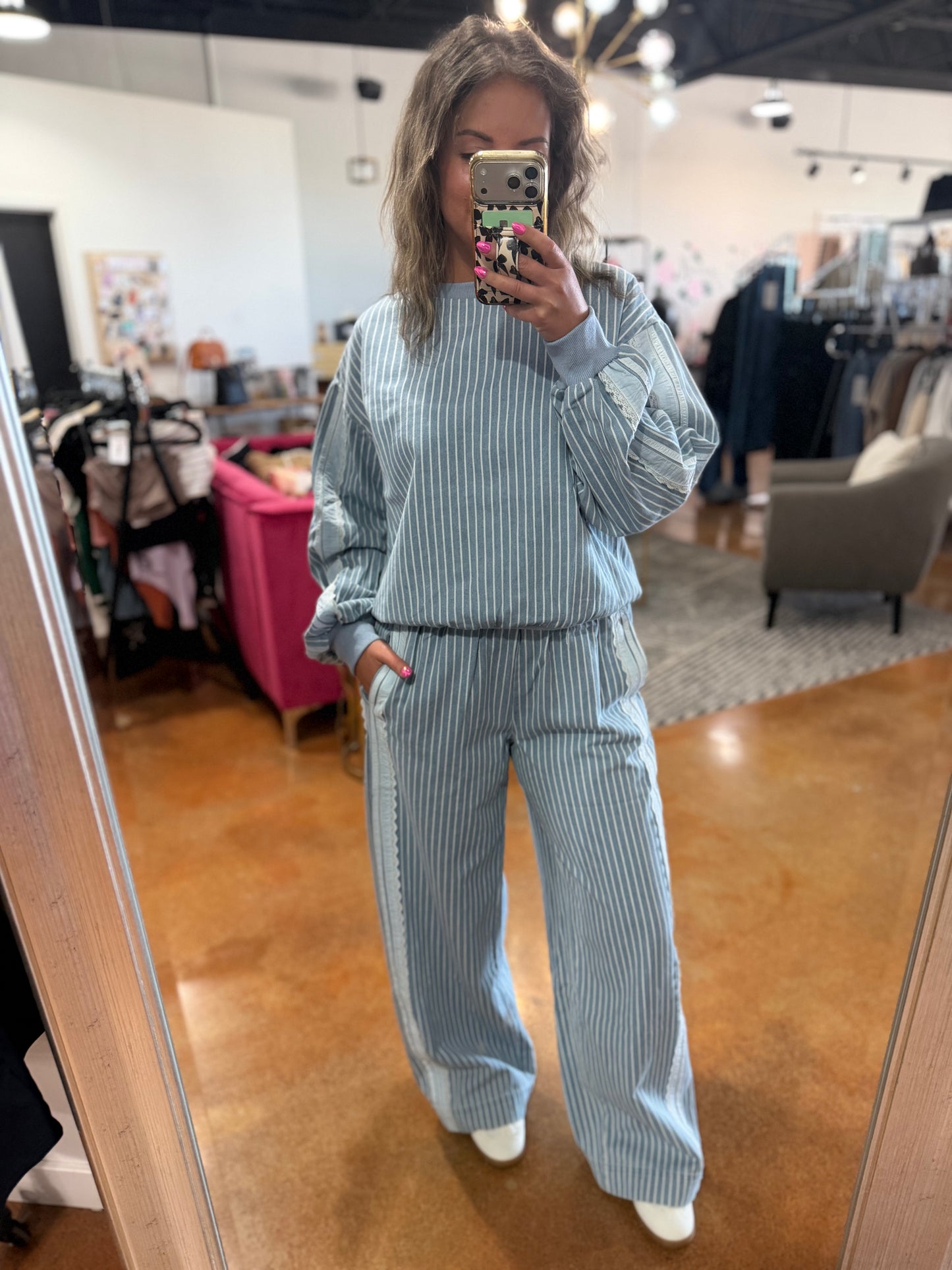 Denim Striped Lace Side Long Sleeve Top