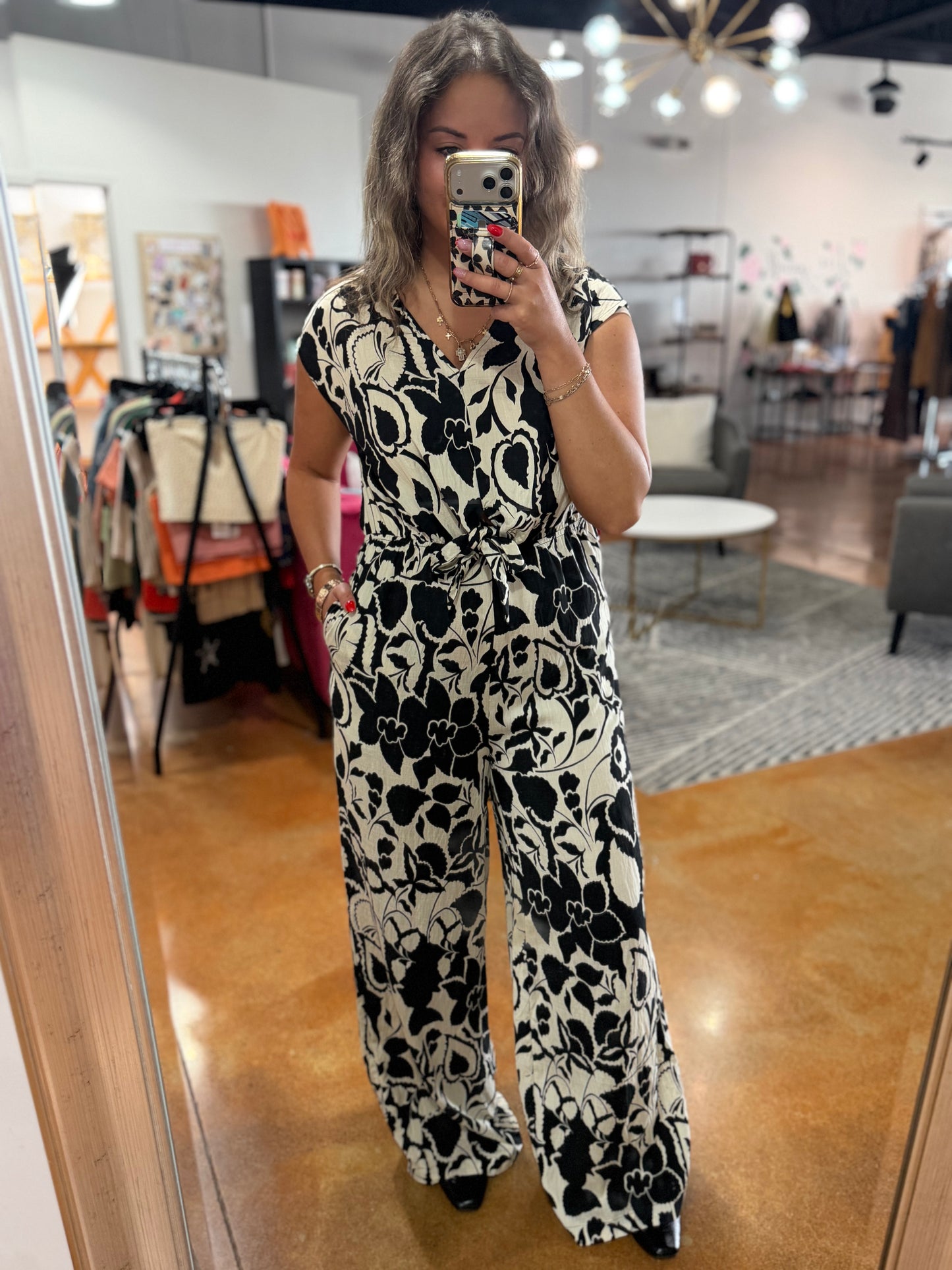 Black/White Floral Print V-Neck Wide Leg Jumpsuit