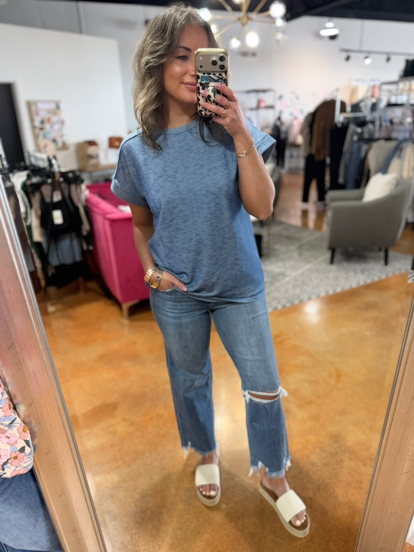 Denim Blue Solid Short Sleeve Top