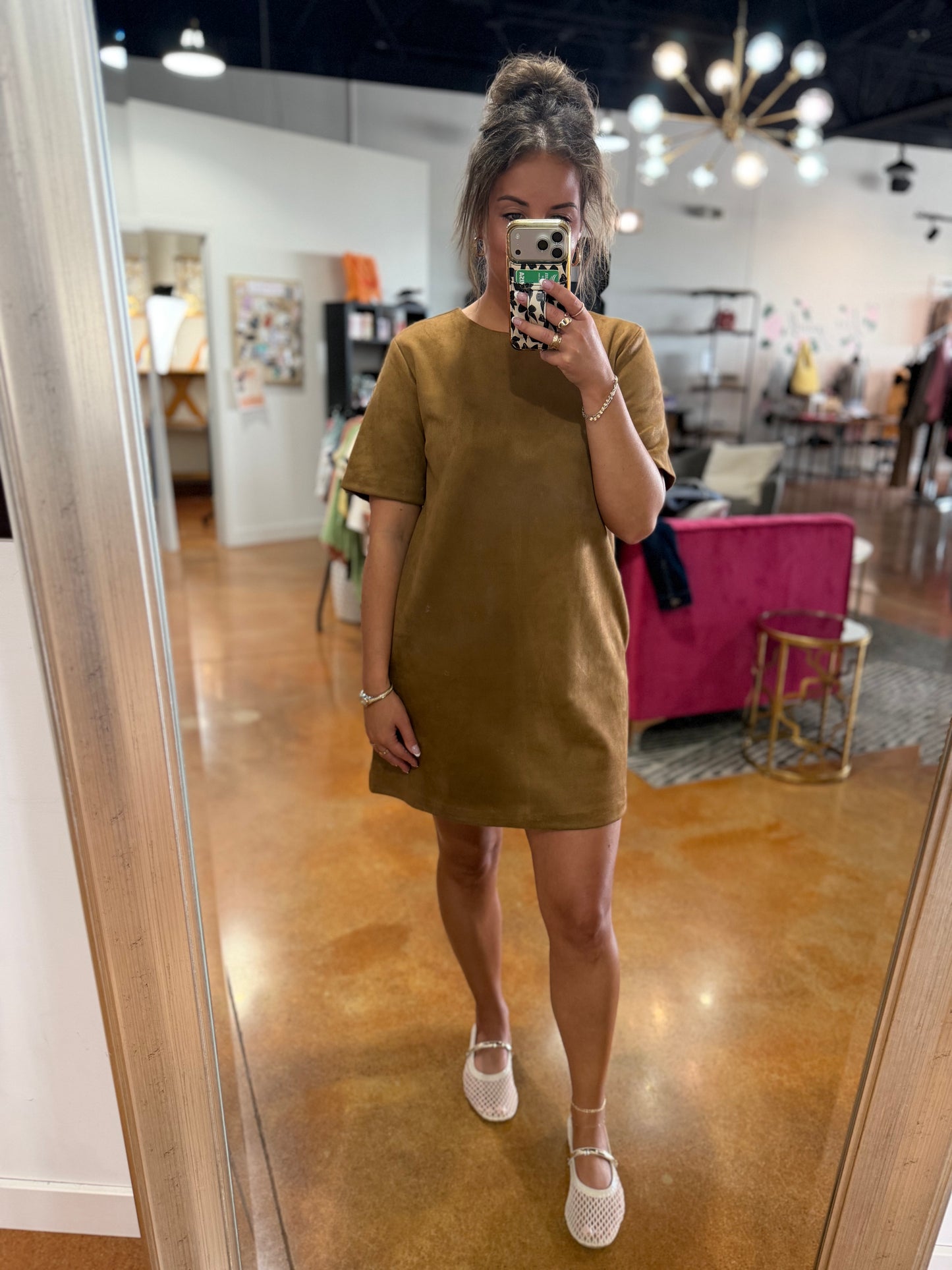 Caramel Short Sleeve Suede Dress
