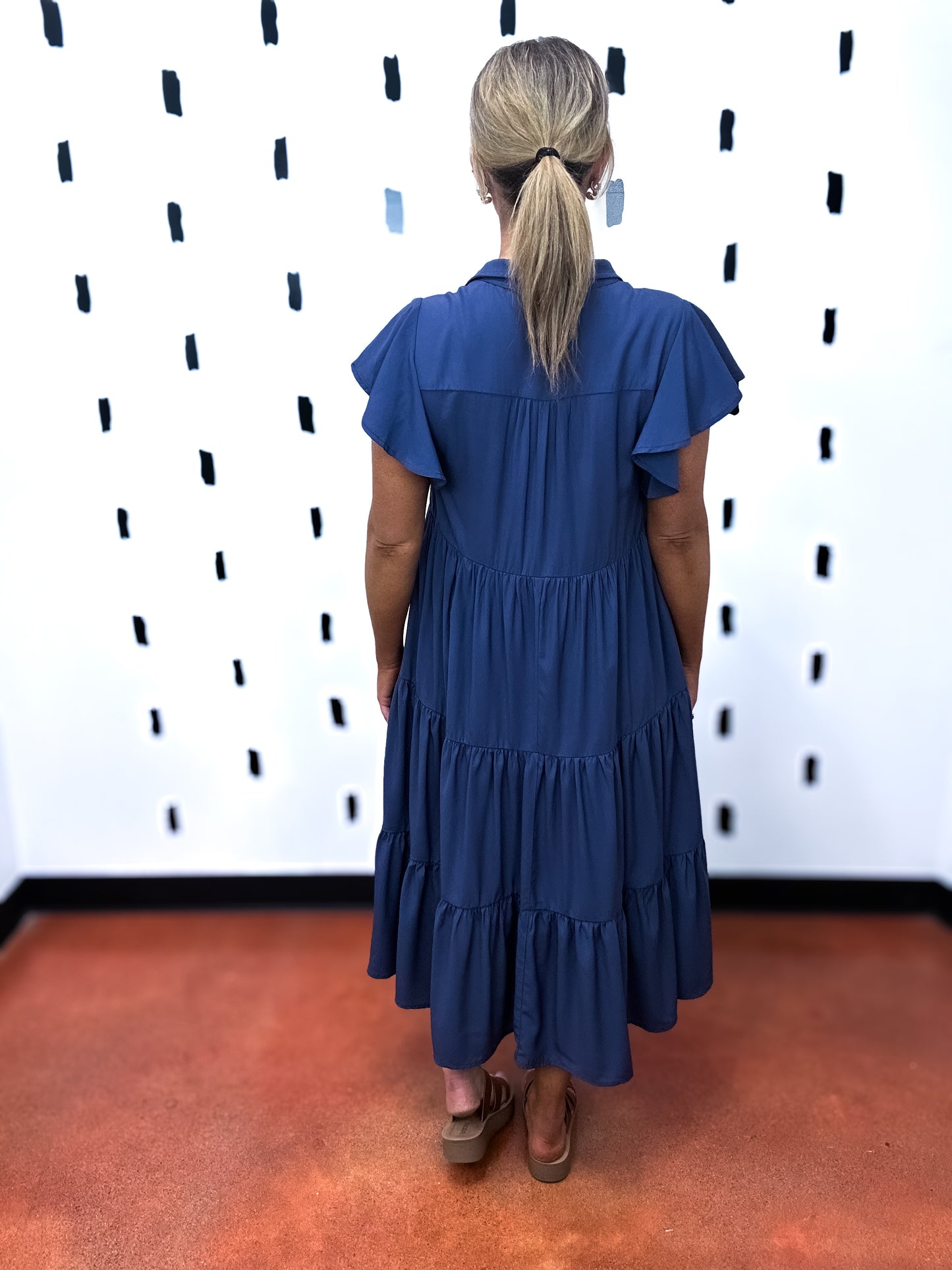Midnight Ruffle Sleeve Collared Tiered Midi Dress