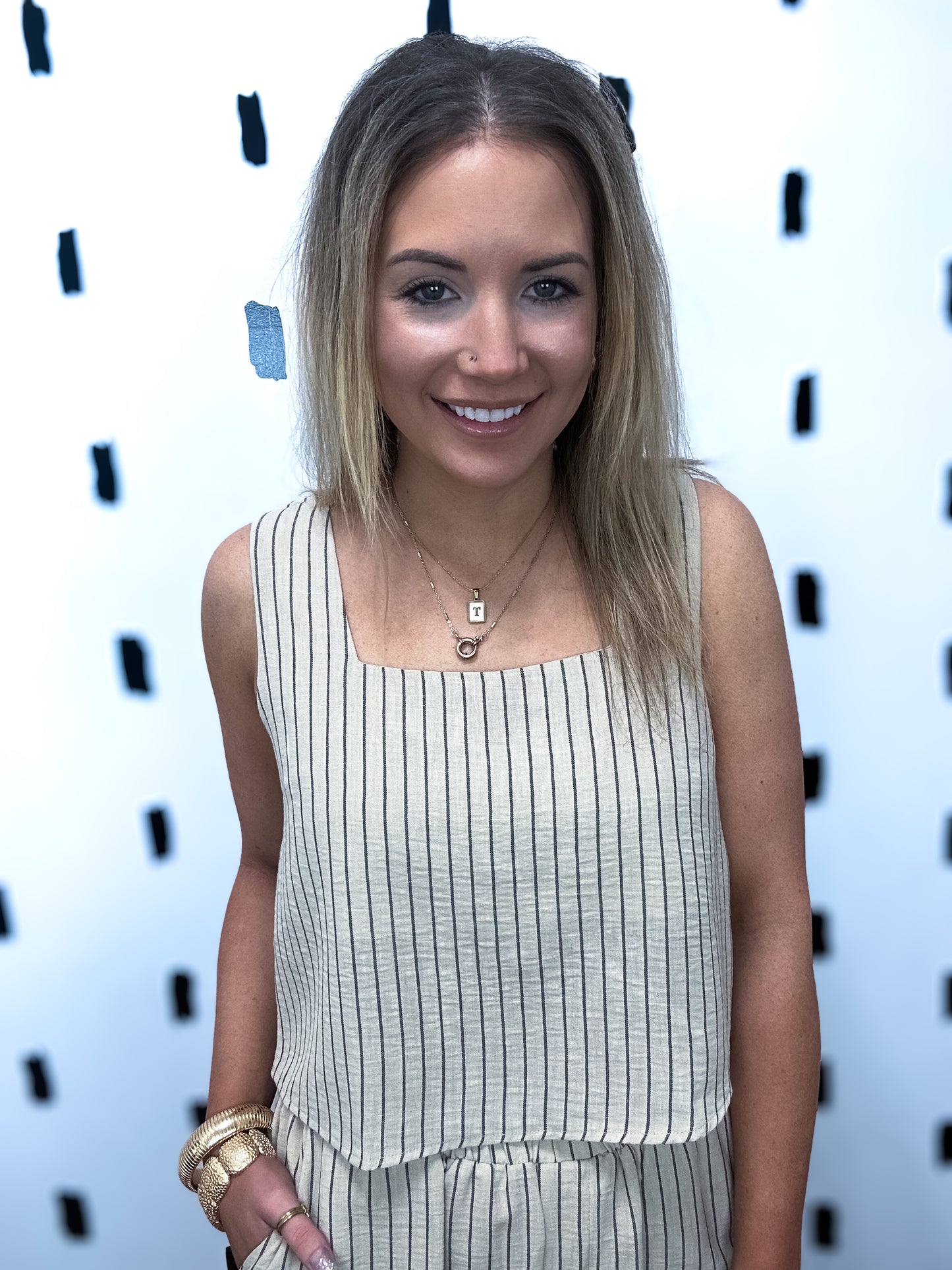 Light Khaki Pinstripe Sleeveless Top