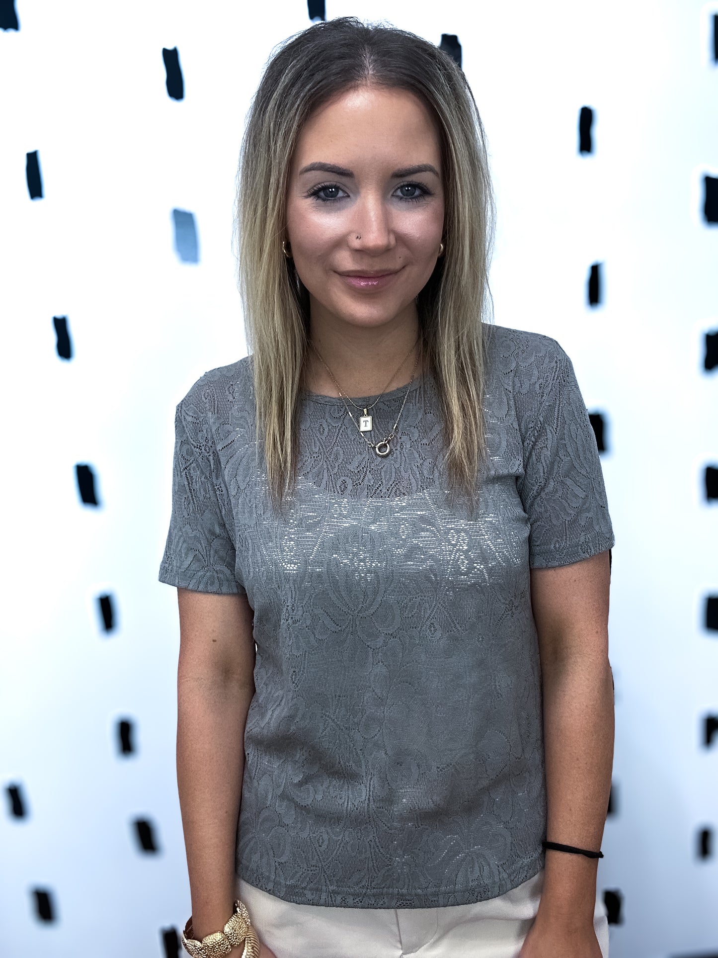 Olive Khaki Mesh Lace Short Sleeve Top