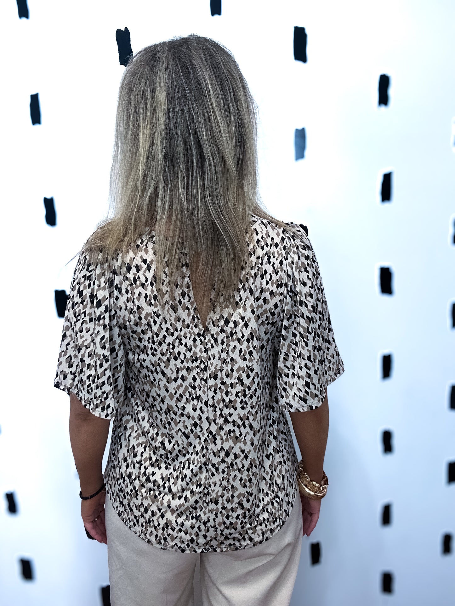 Taupe Geo Print Flutter Sleeve Top