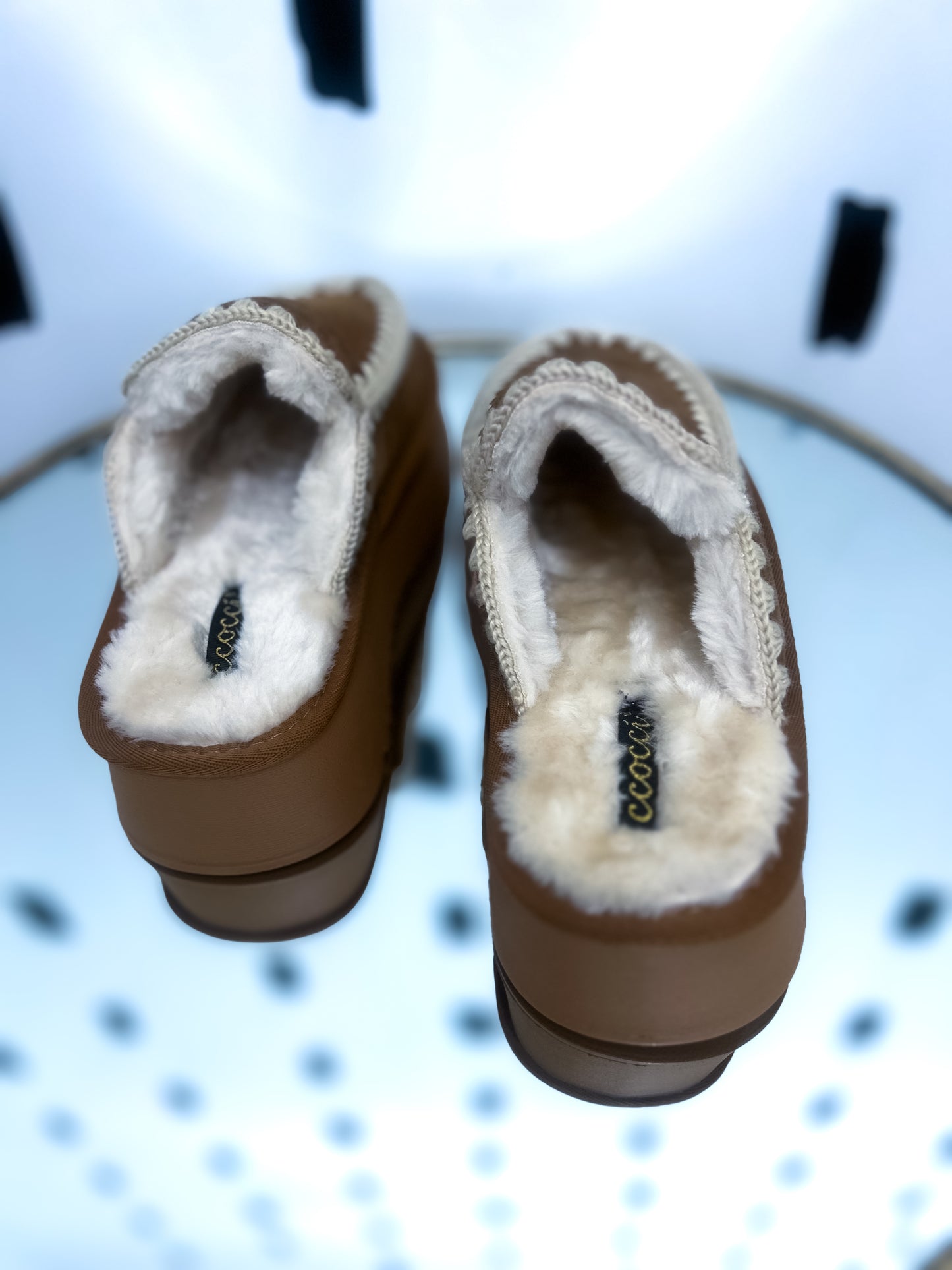 Camel Embroidered Fur Slip On Platforms