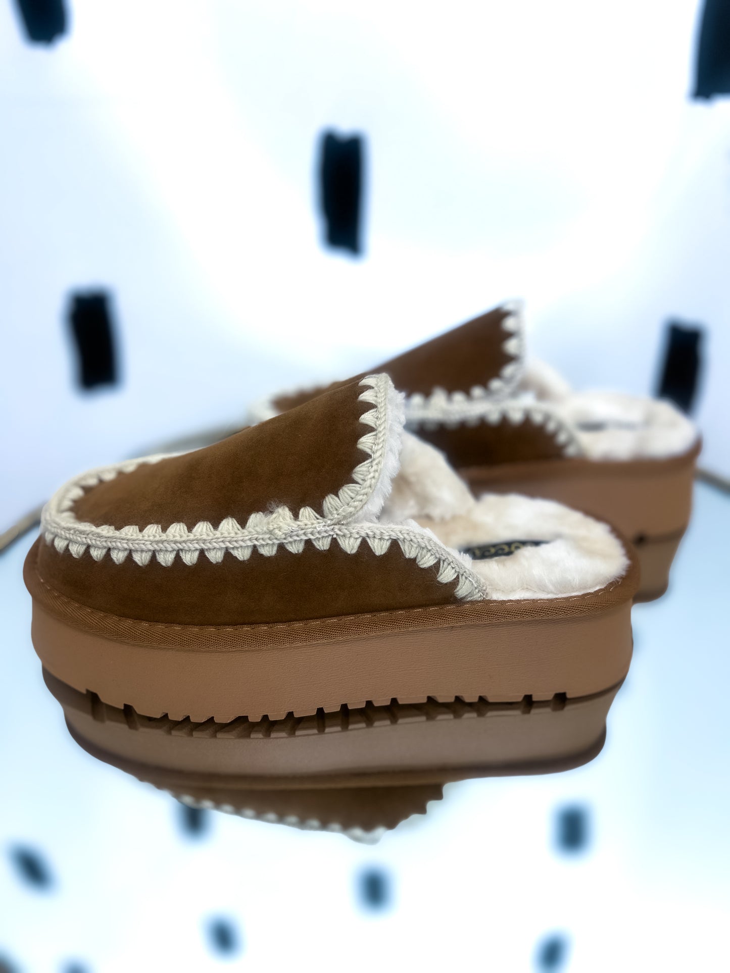 Camel Embroidered Fur Slip On Platforms