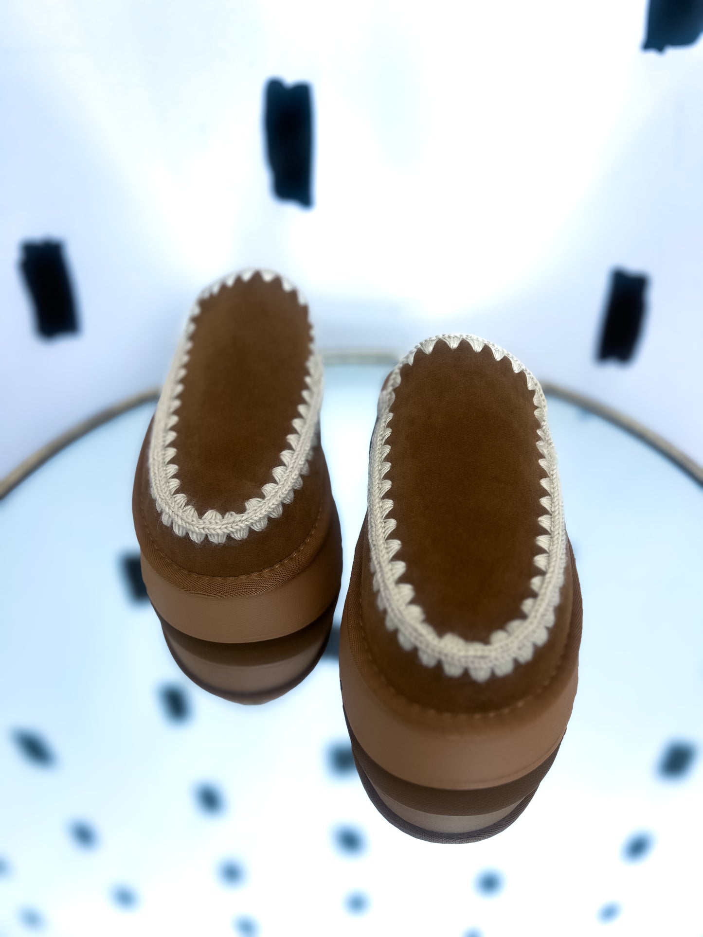 Camel Embroidered Fur Slip On Platforms