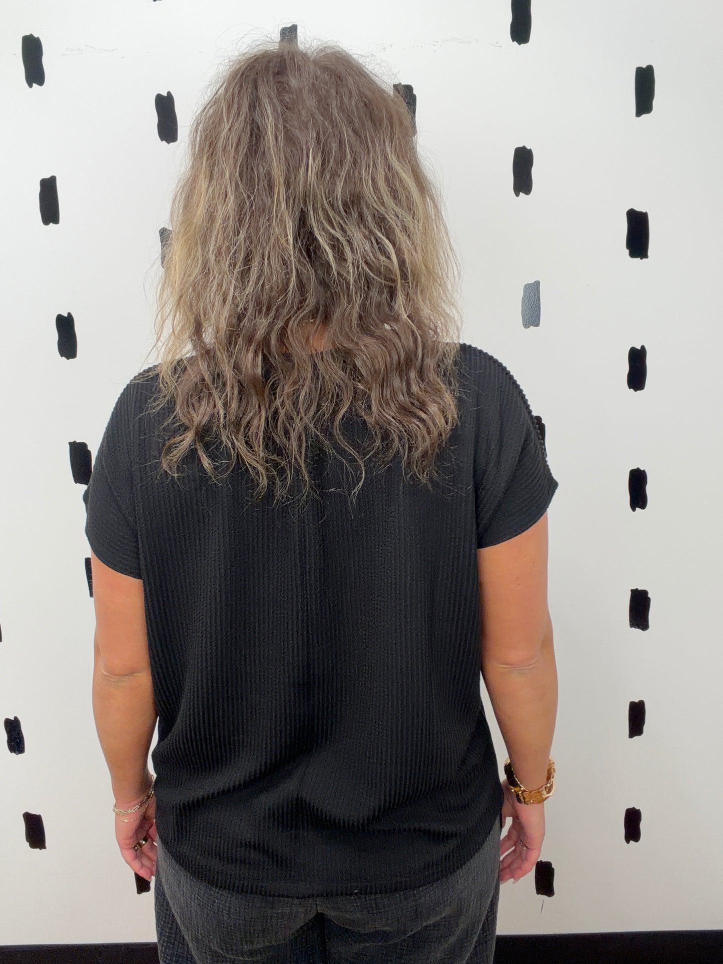 Black Short Sleeve Ribbed Front Pocket Top