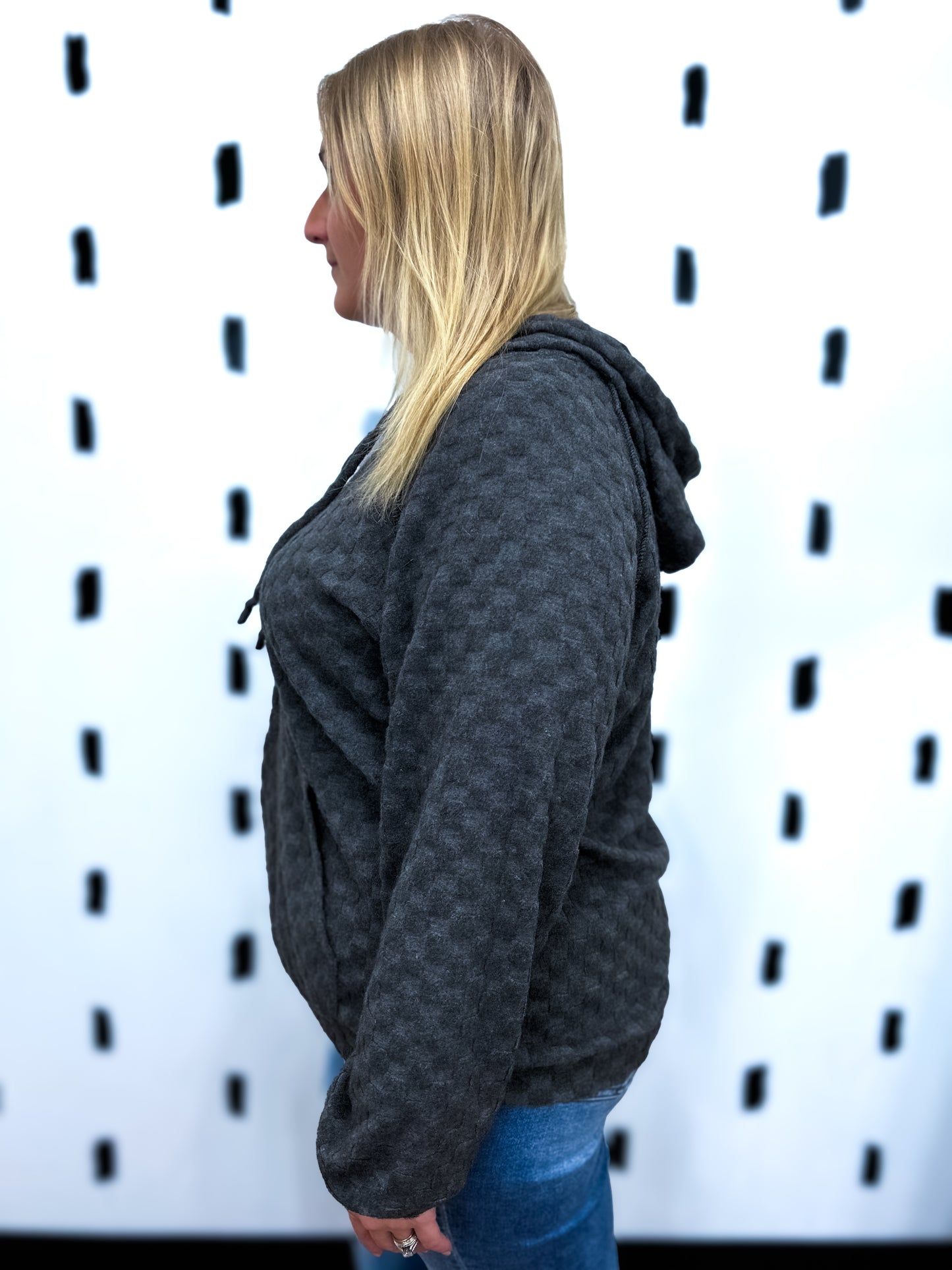 Black Checkered Knit Hoodie Top