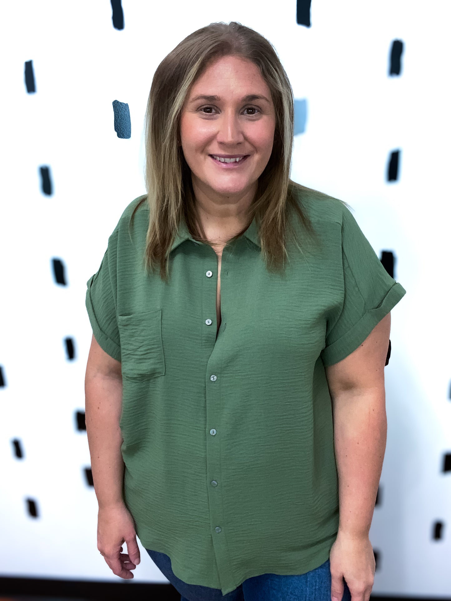 Lt. Olive Short Sleeve Button Up Blouse