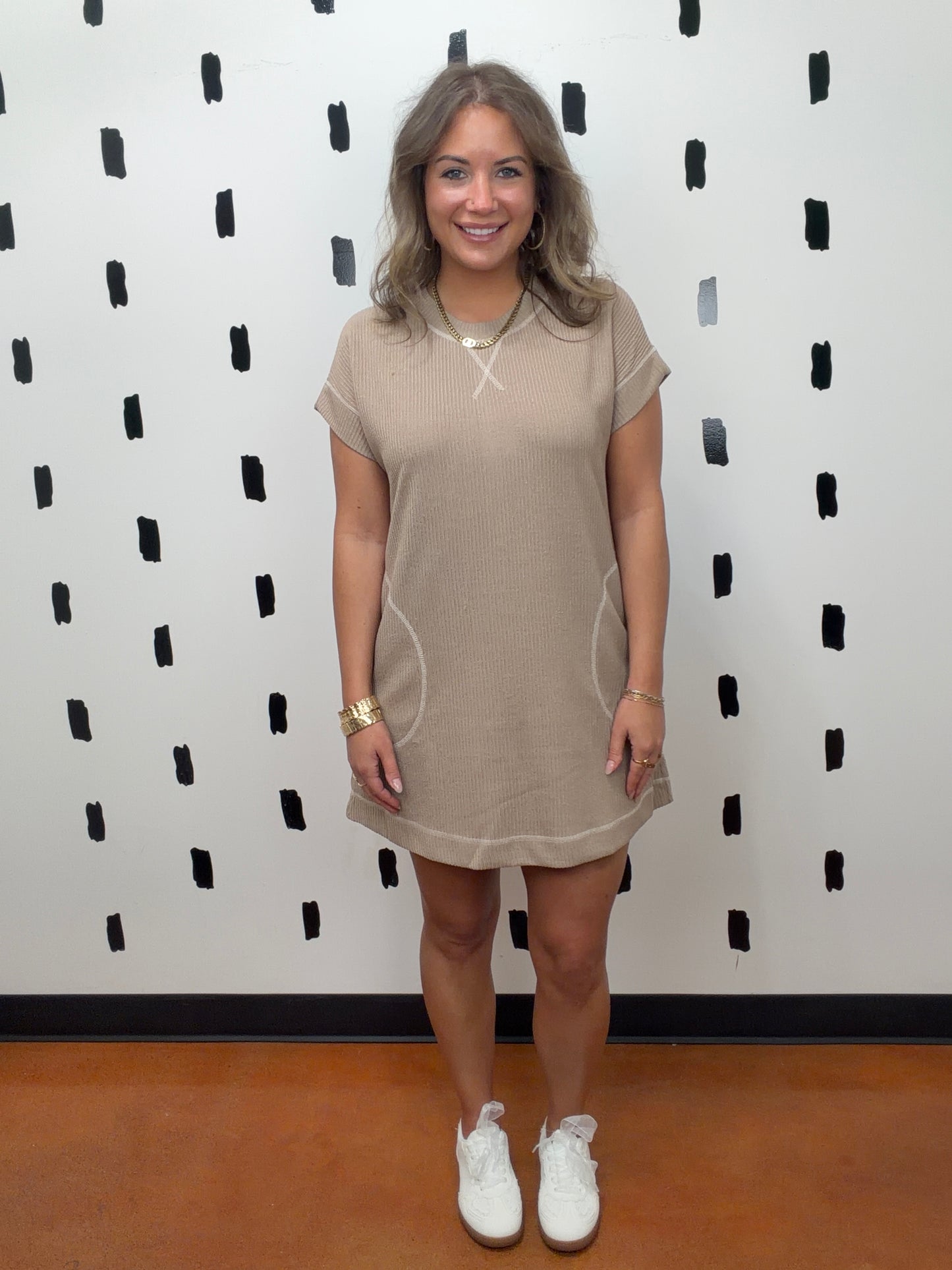 Mocha Ribbed Short Sleeve Knit Dress
