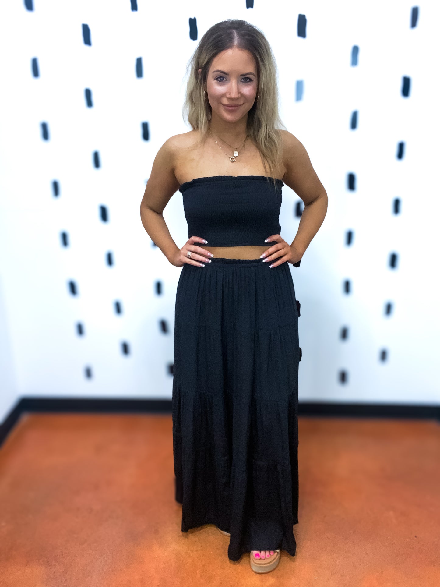 Black Smocking Strapless Top