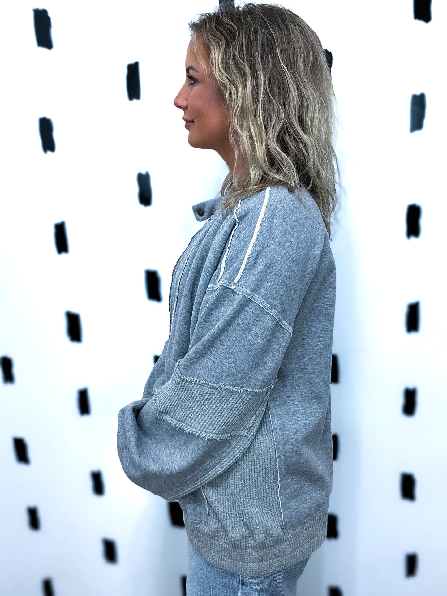 Grey Raw Edge Zip Up Fleece Jacket