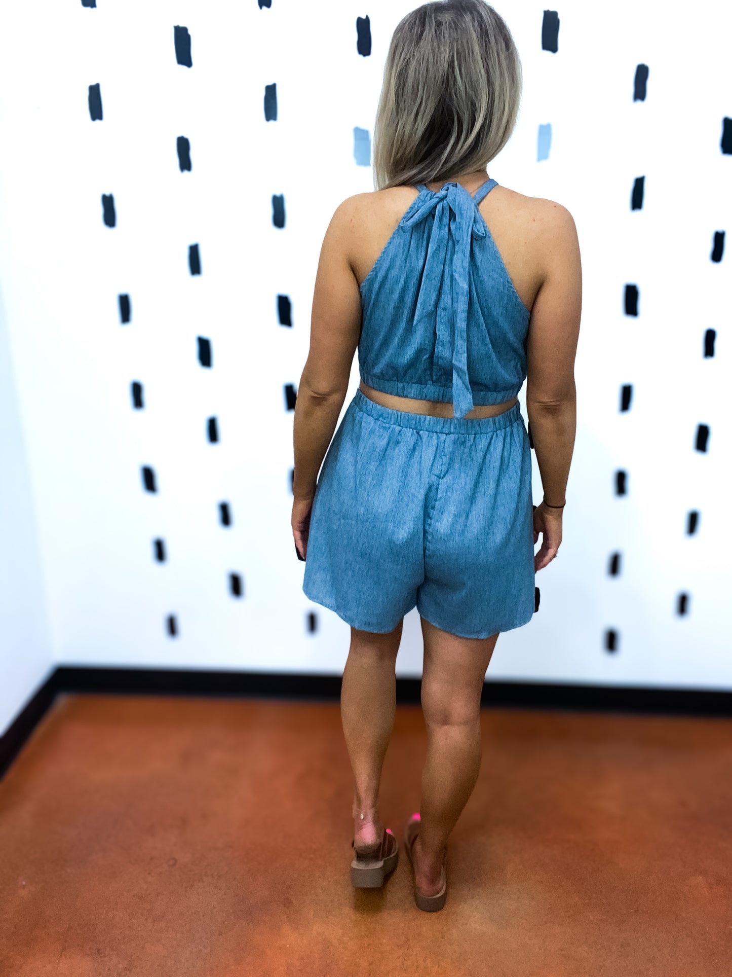 Blue Halterneck Side Cutout Relaxed Fit Romper