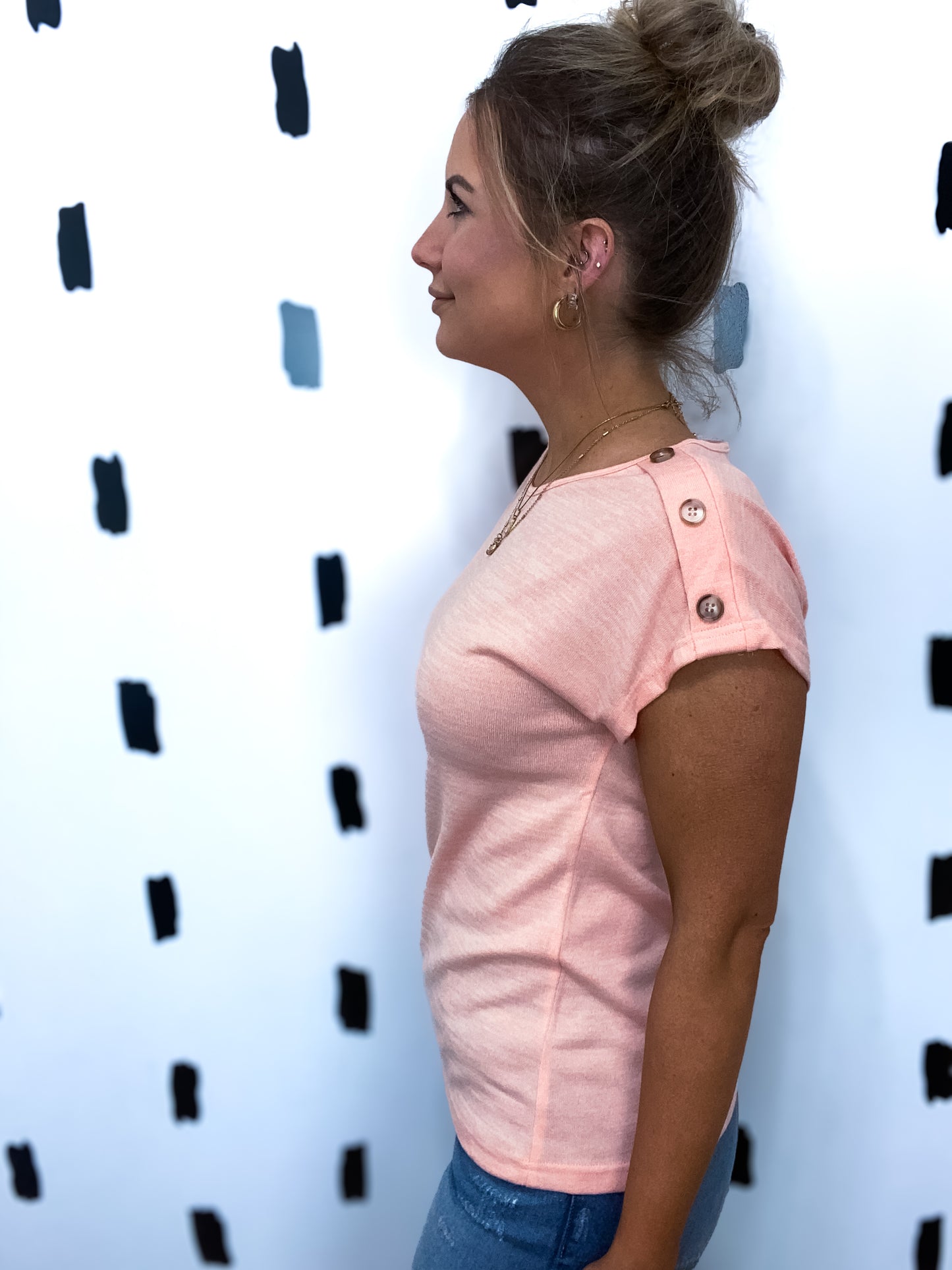 Apricot Pink Button Detail Short Sleeve Top