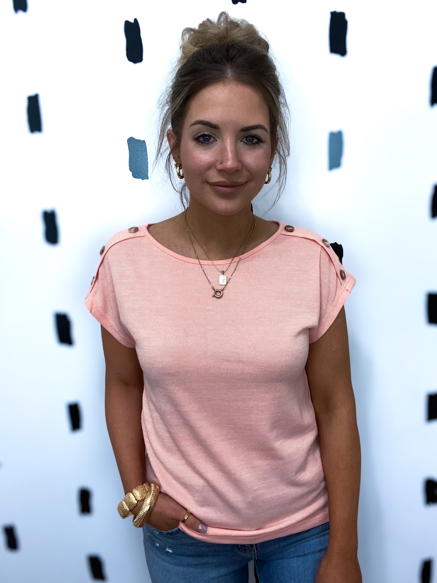 Apricot Pink Button Detail Short Sleeve Top