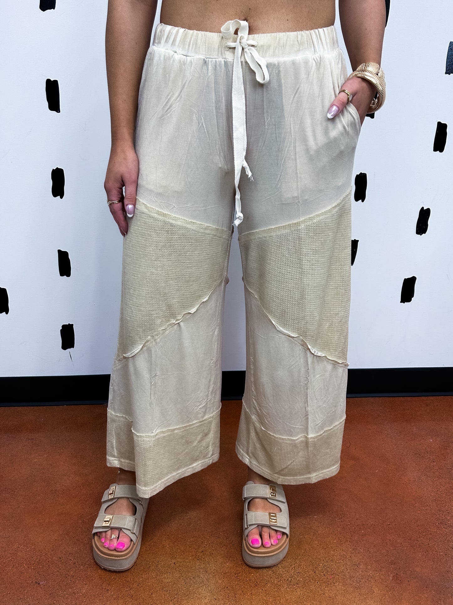 Tan Contrast Ribbed Elastic Waist Knit Pants
