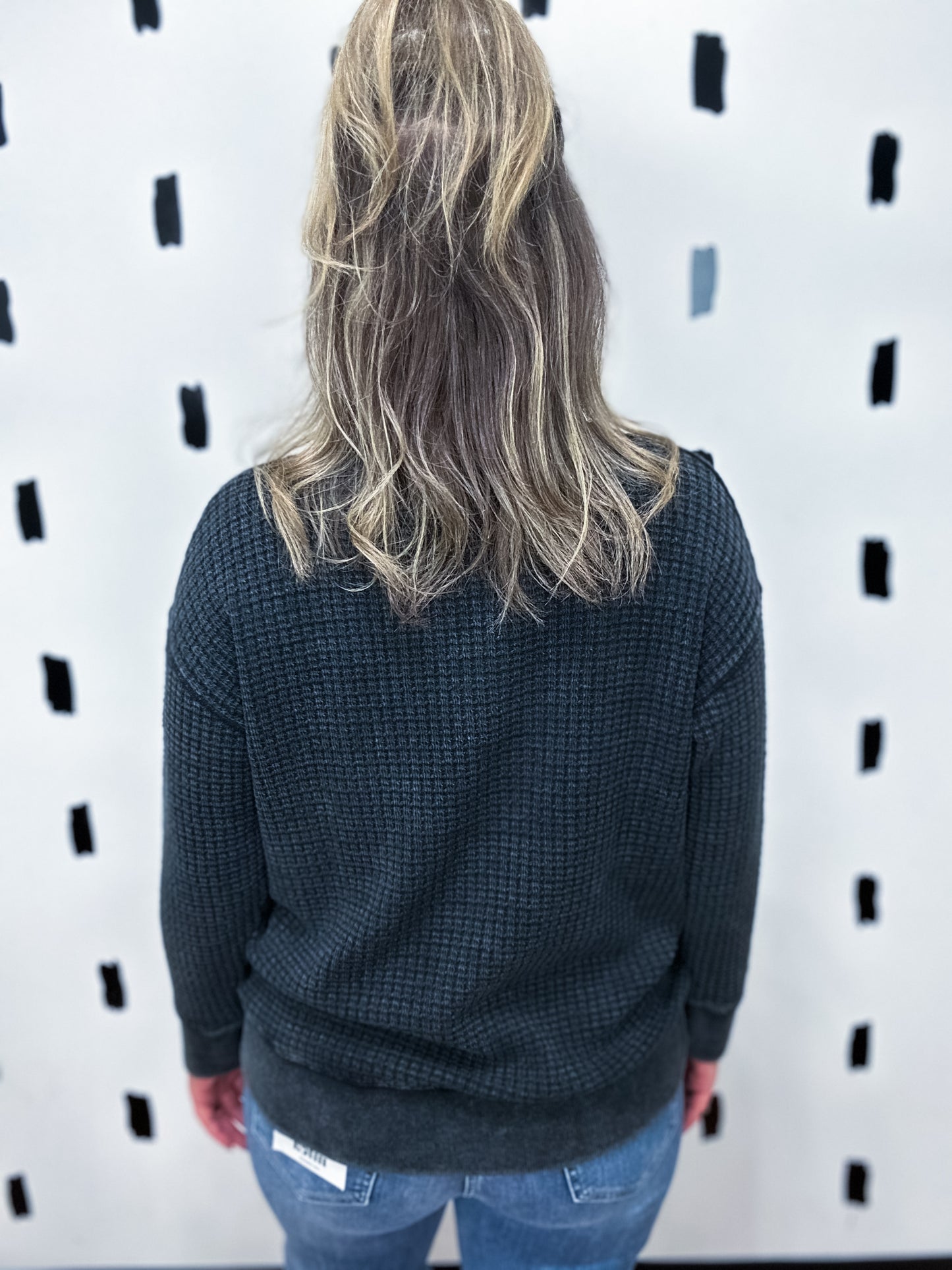 Black Chunky Waffle Mock Neck Sweater