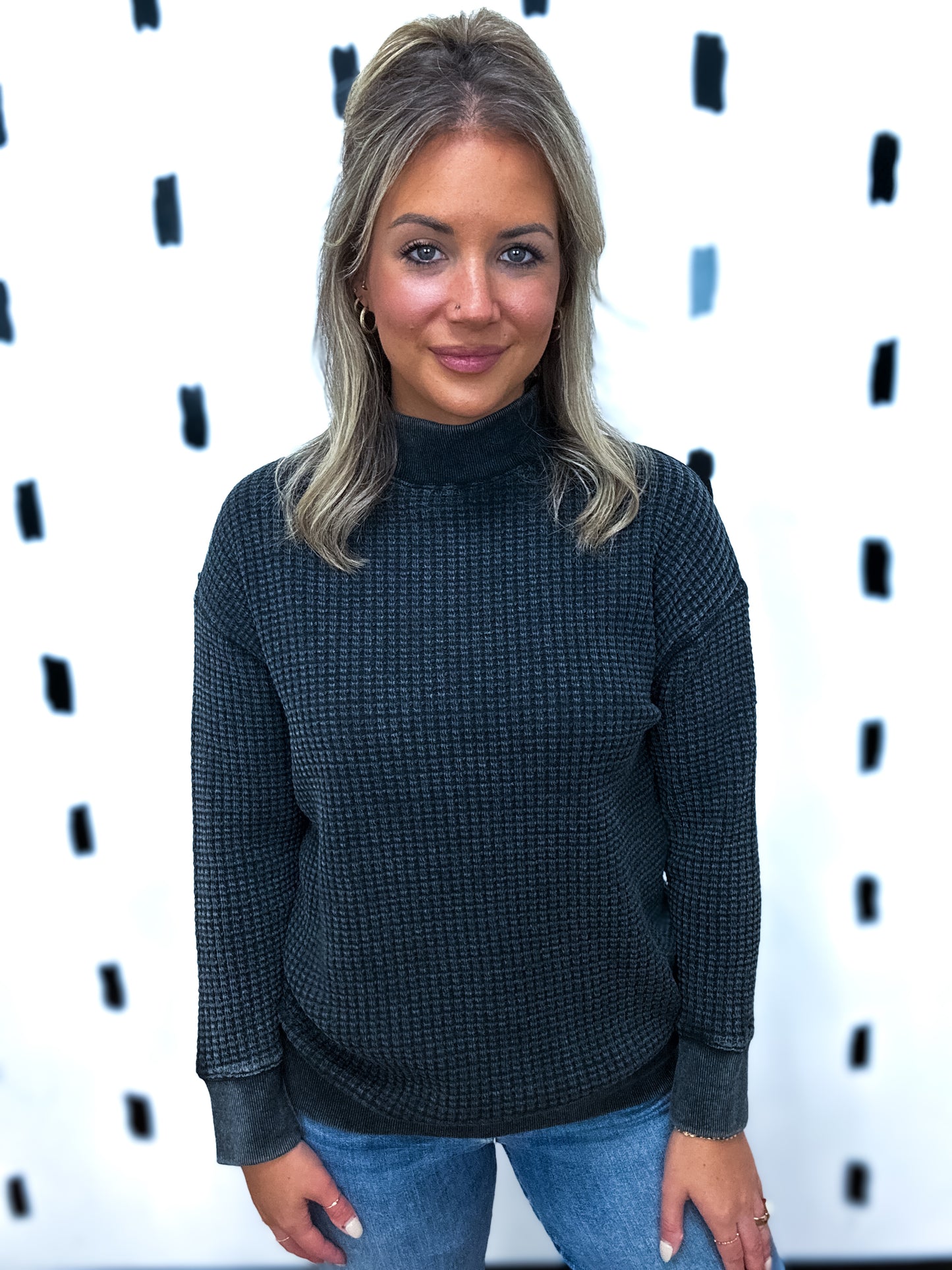 Black Chunky Waffle Mock Neck Sweater