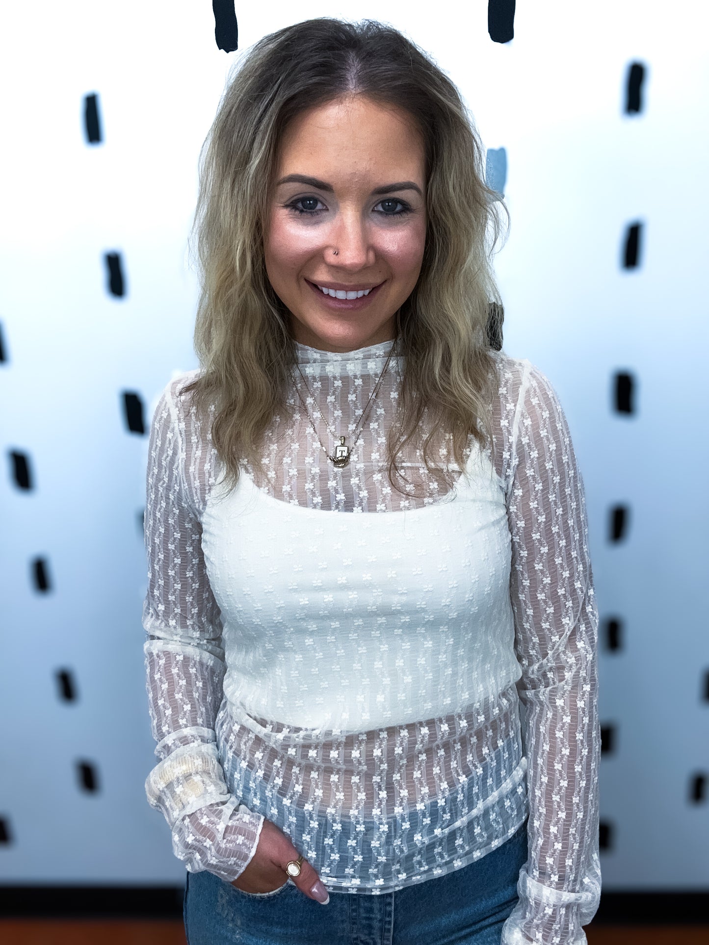 Semi Sheer Lace Long Sleeve Top