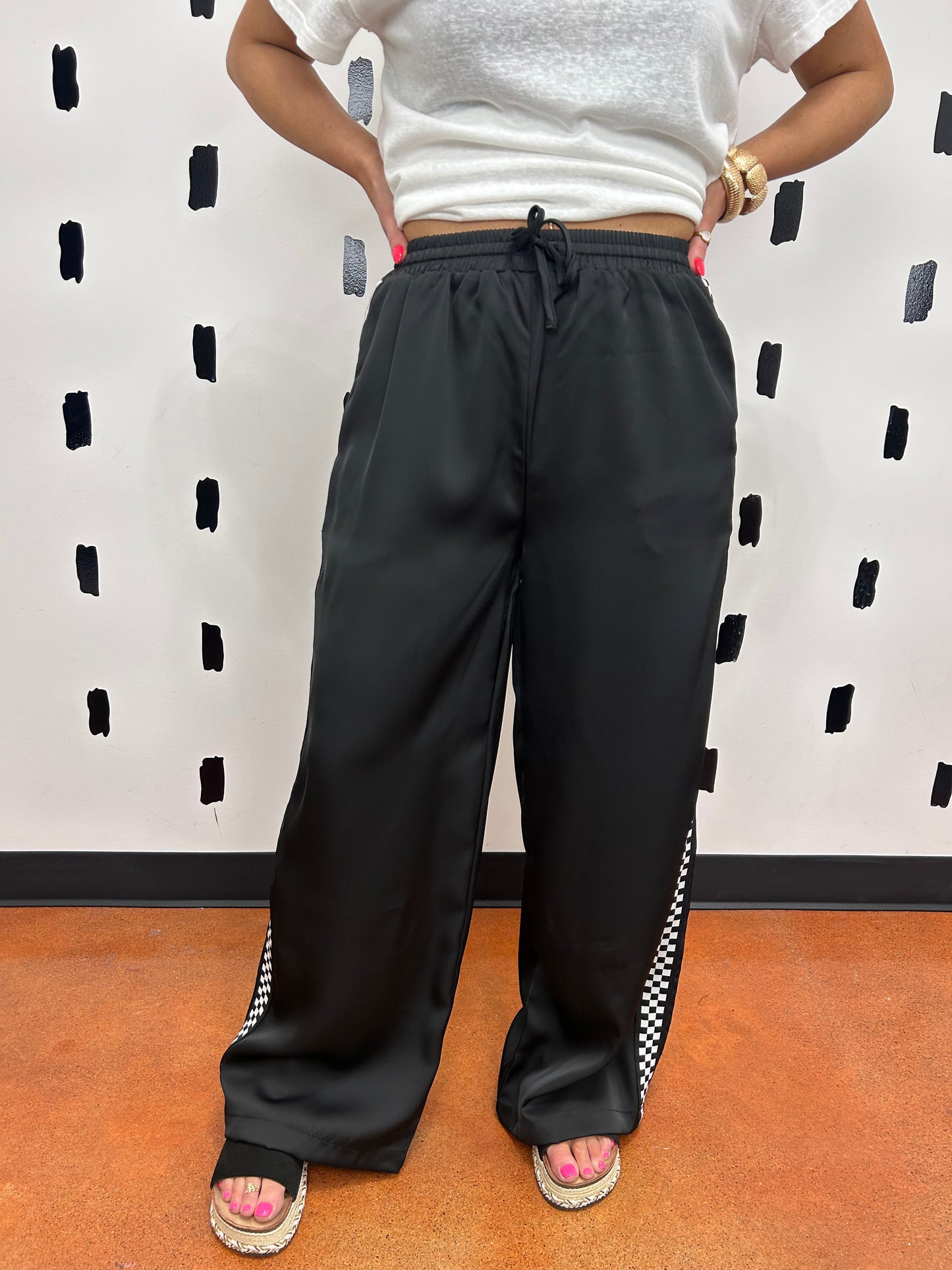 Black Checkered Side Satin Pants