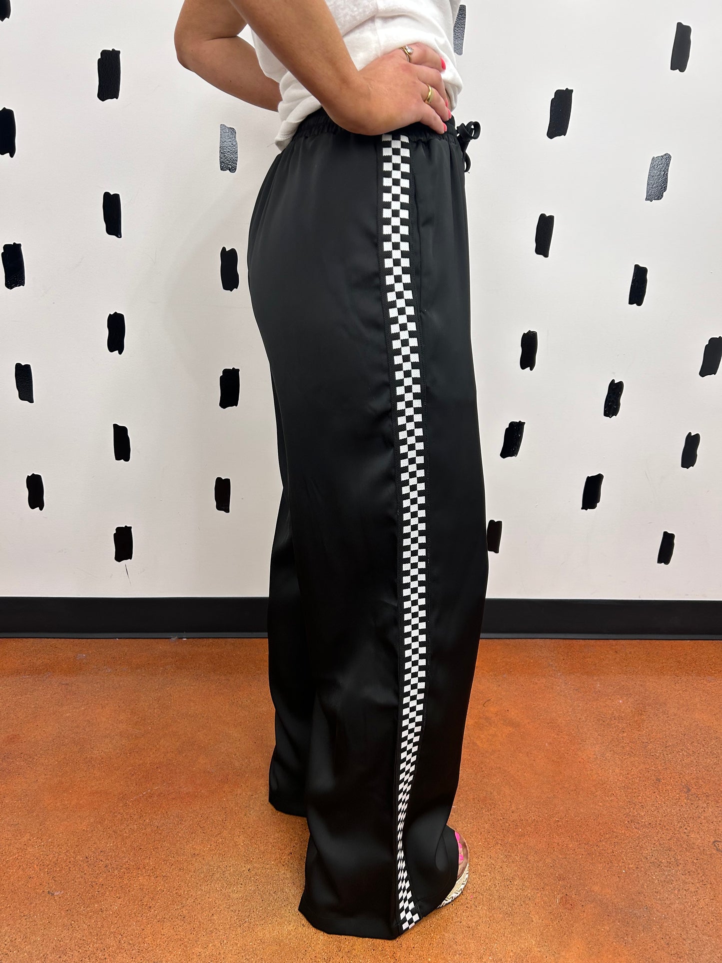 Black Checkered Side Satin Pants
