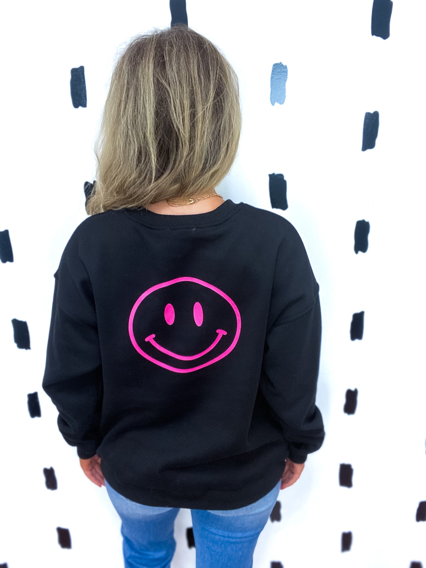 Black Smiley Graphic Crew Neck Sweatshirt