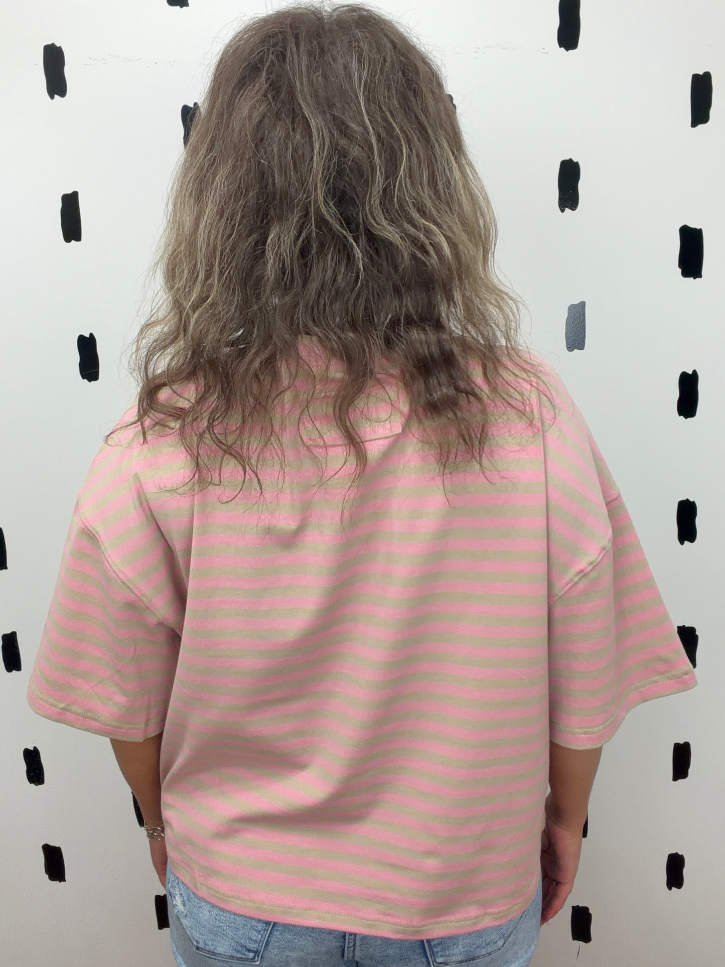 Mocha/Pink Striped Short Sleeve Top
