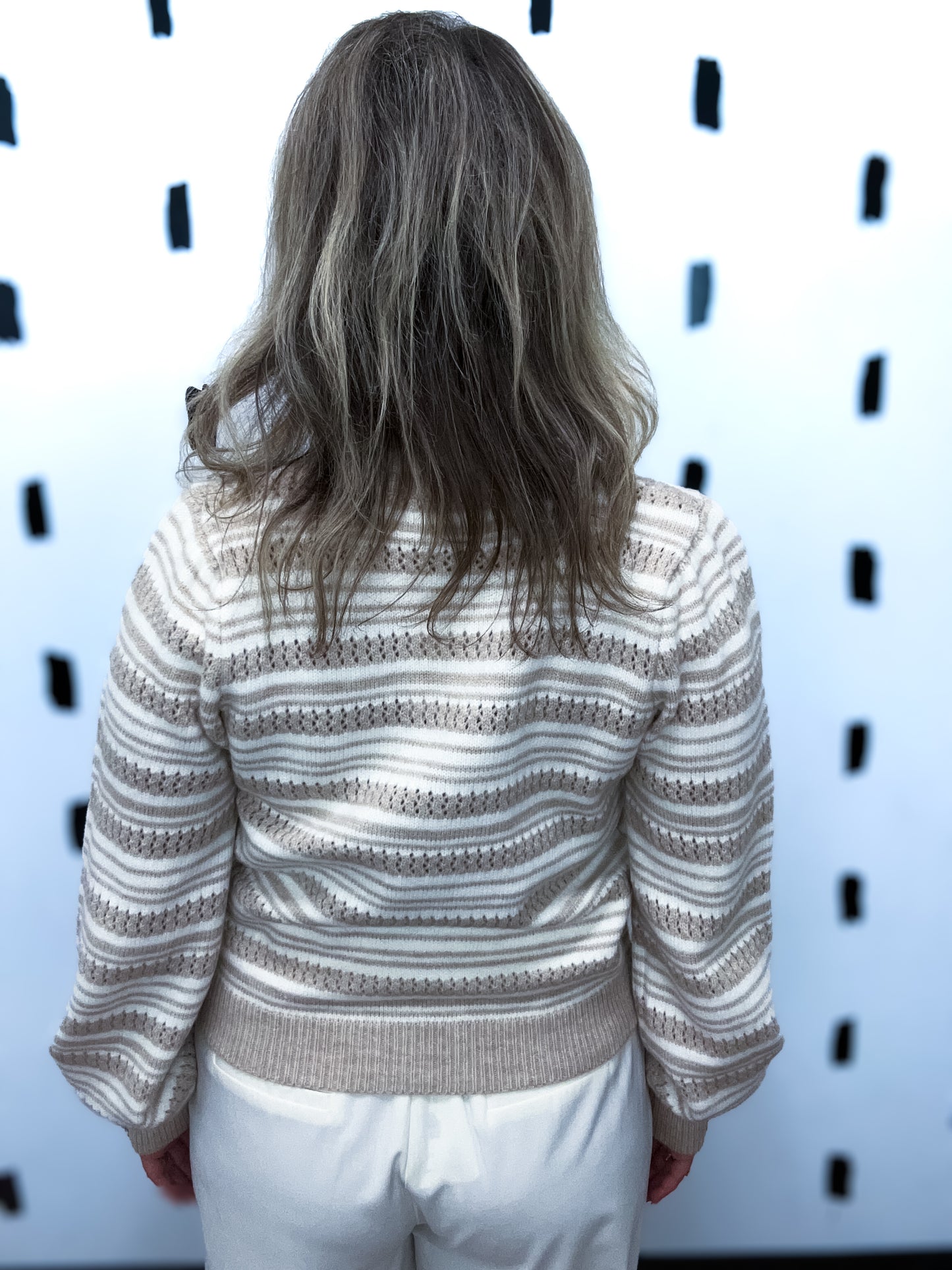 Beige Bow Tie Front Striped Sweater