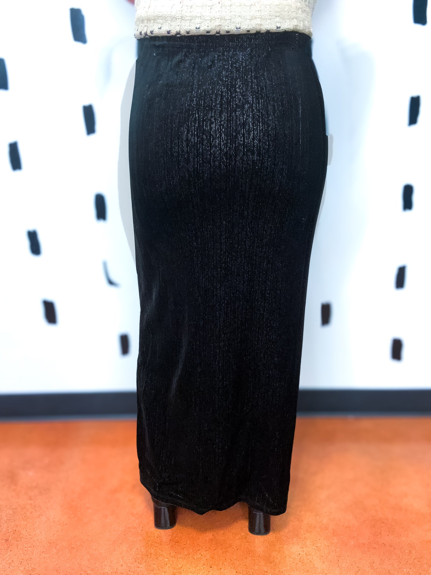 Black Lurex Velour High Waist Midi Skirt