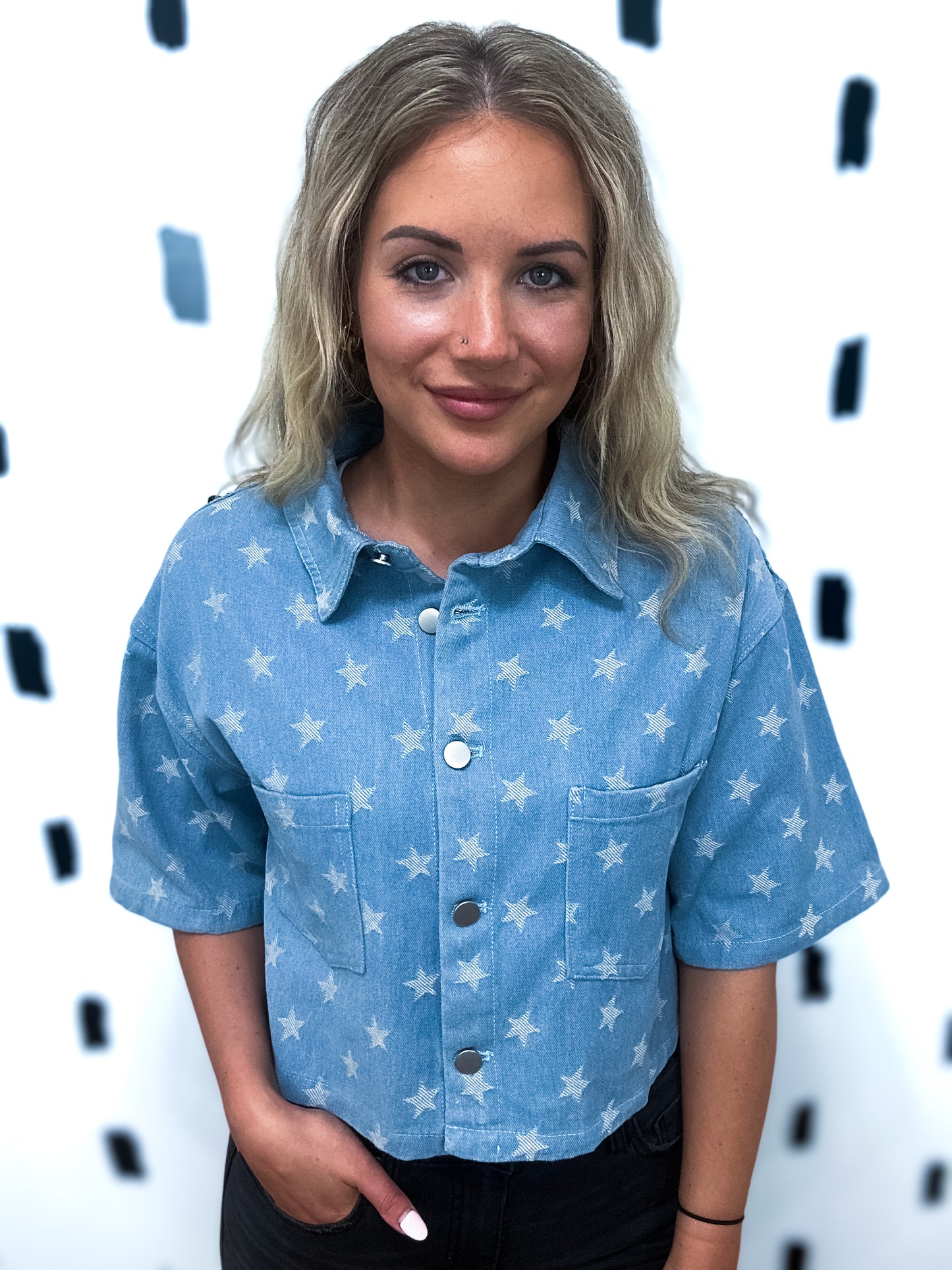 Light Blue Denim Stars Button Up Top