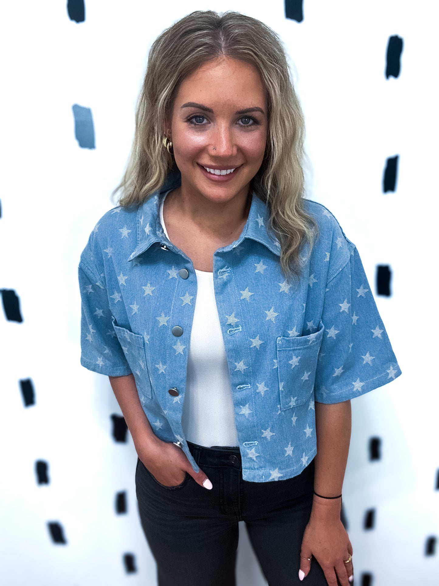 Light Blue Denim Stars Button Up Top