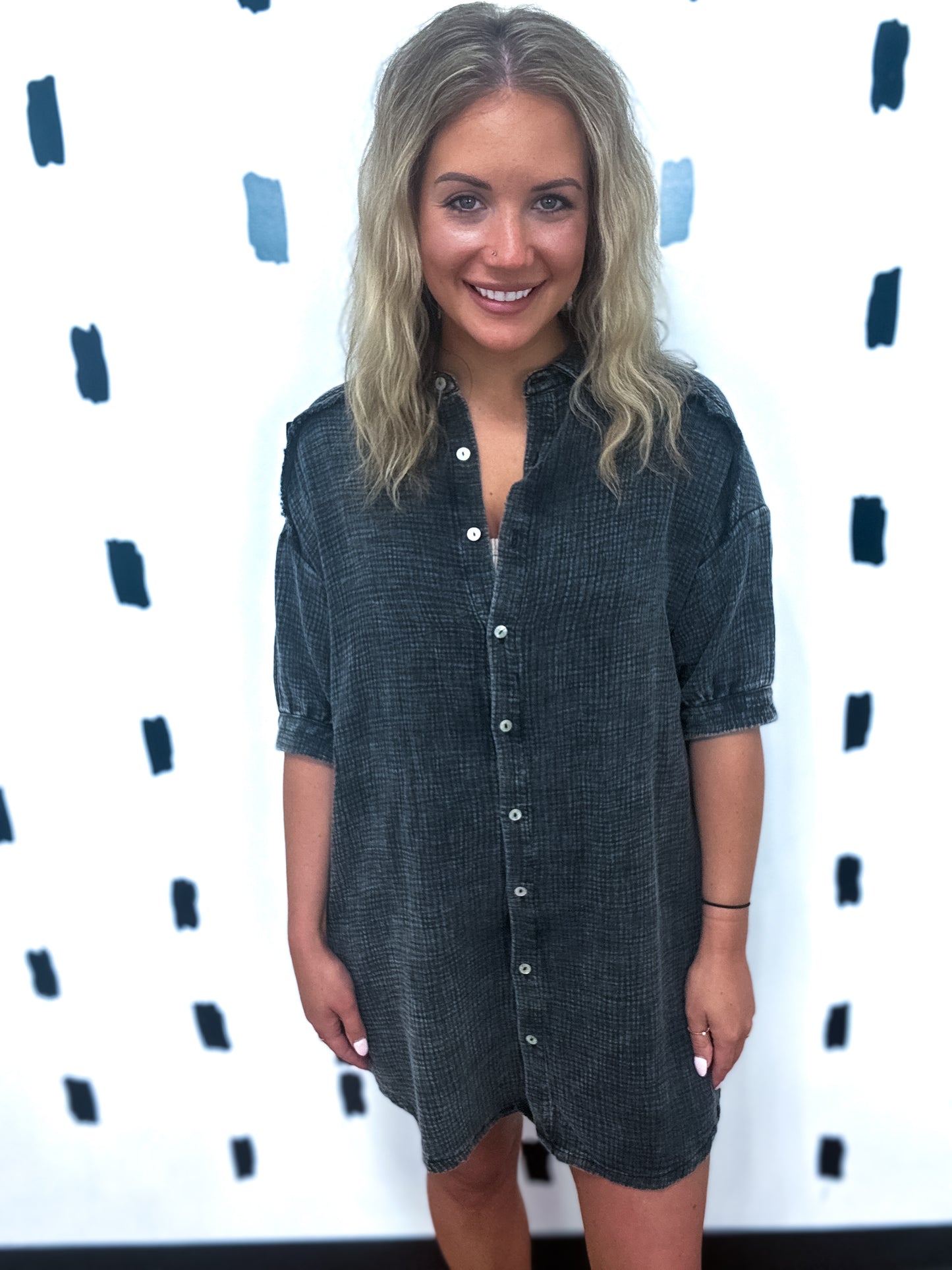 Ash Black Gauze Button Down Shirt Dress
