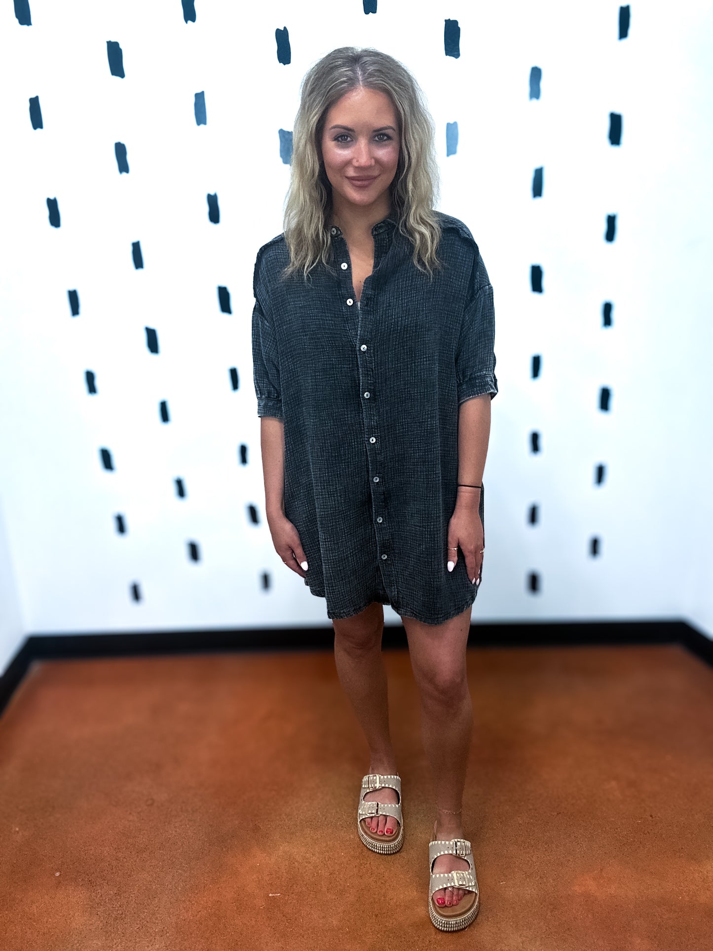 Ash Black Gauze Button Down Shirt Dress