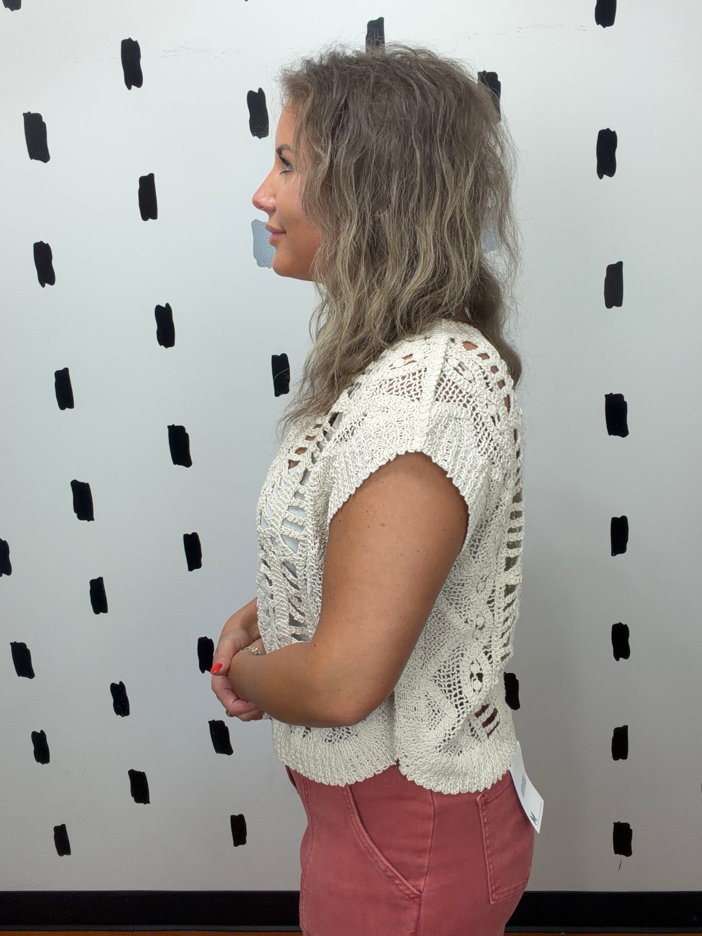Natural Crochet Open Knit Short Sleeve Top