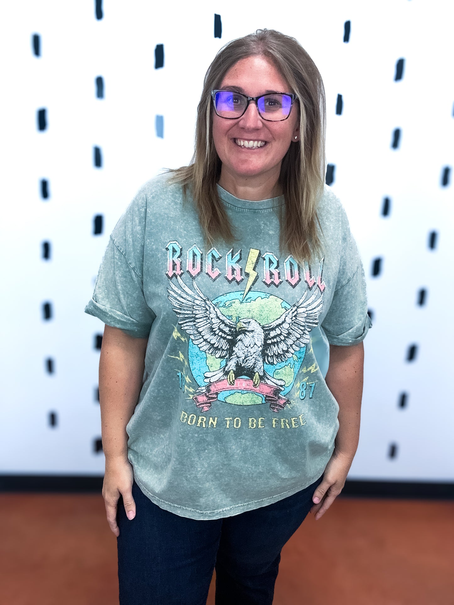 Washed Green Rock N Roll Graphic Tee