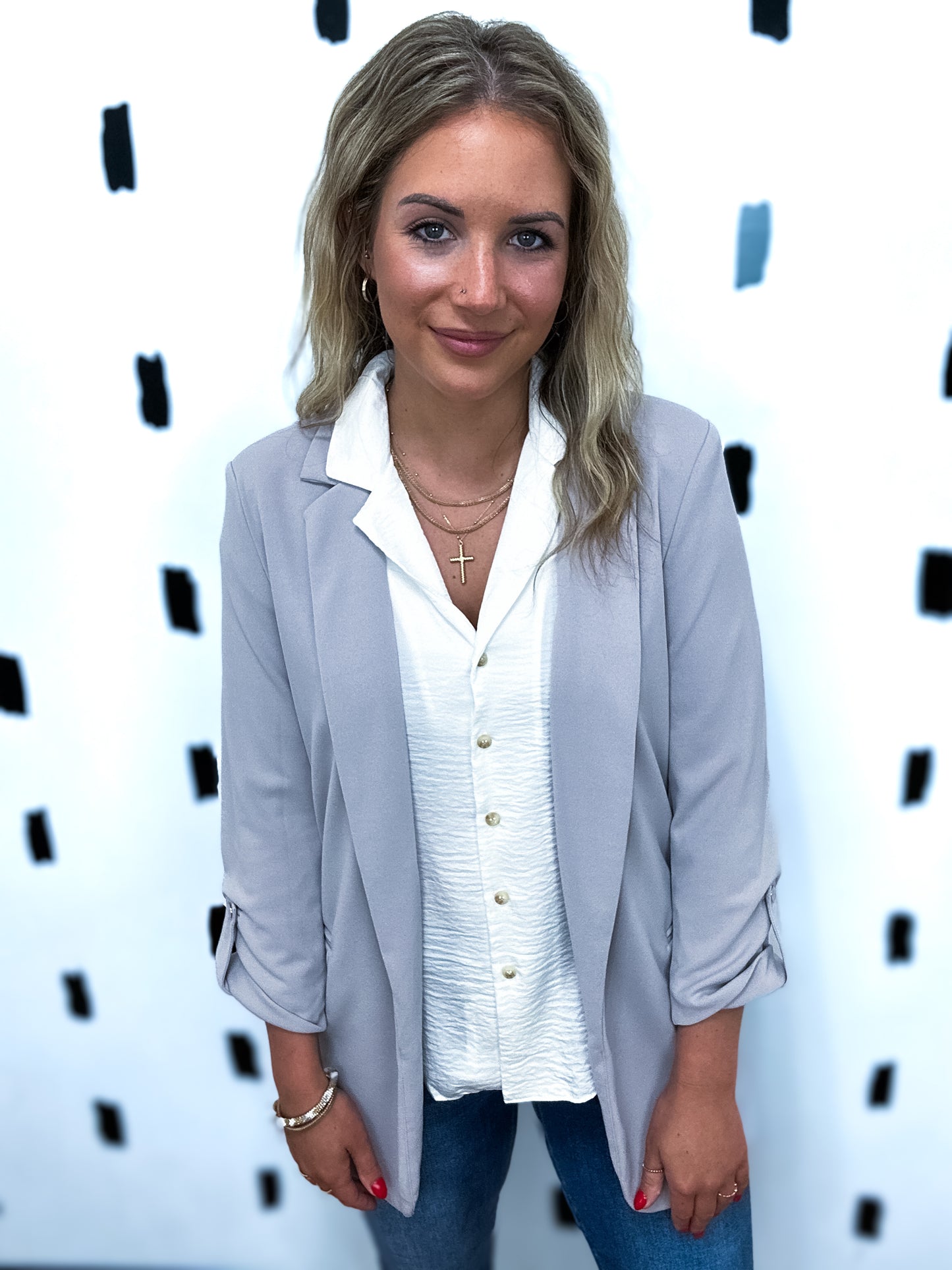 Stone Grey Open Front Lined Blazer