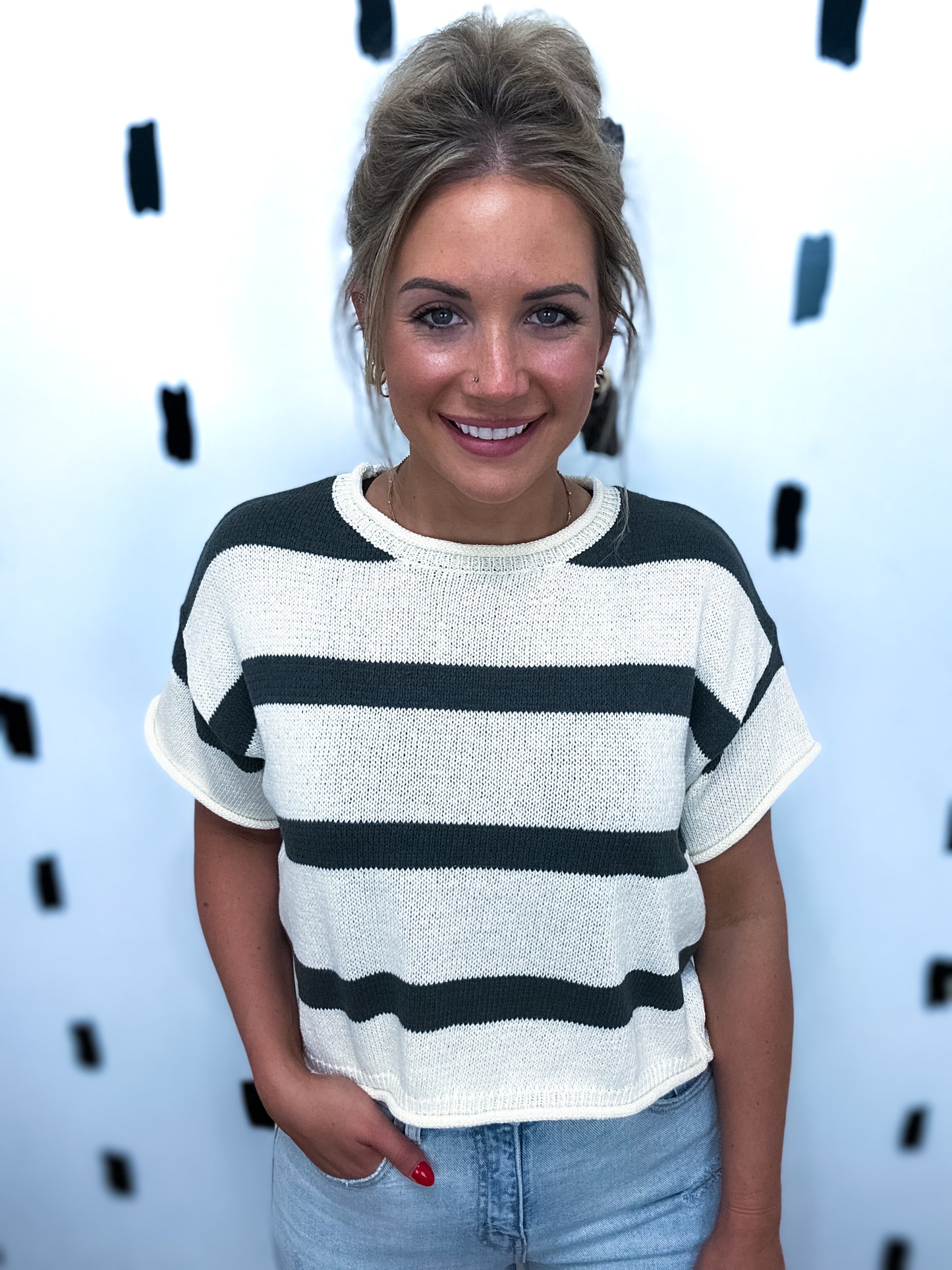 Carbon Boxy Stripe Short Sleeve Sweater