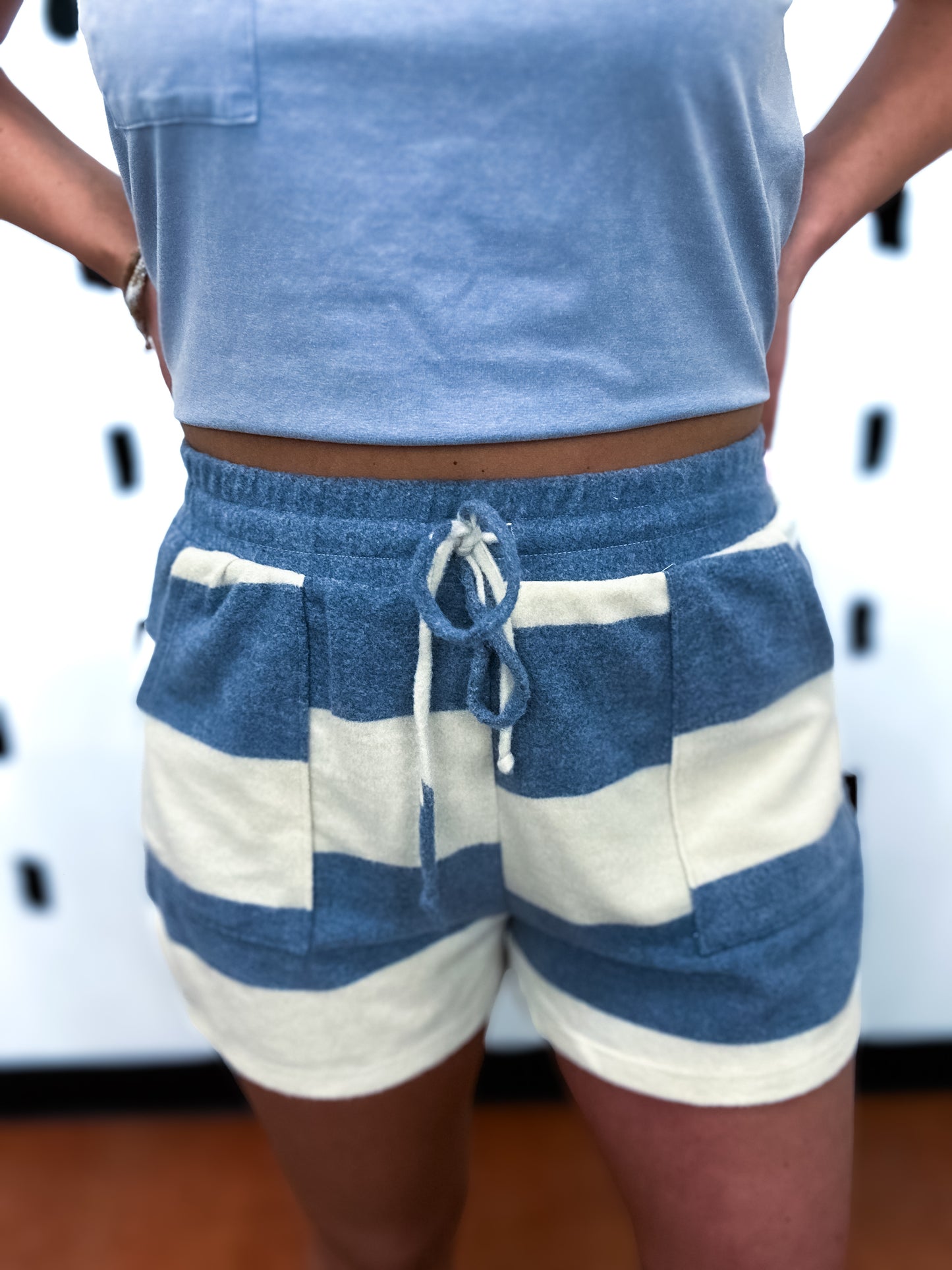 Blue Drawstring Brush Knit Shorts