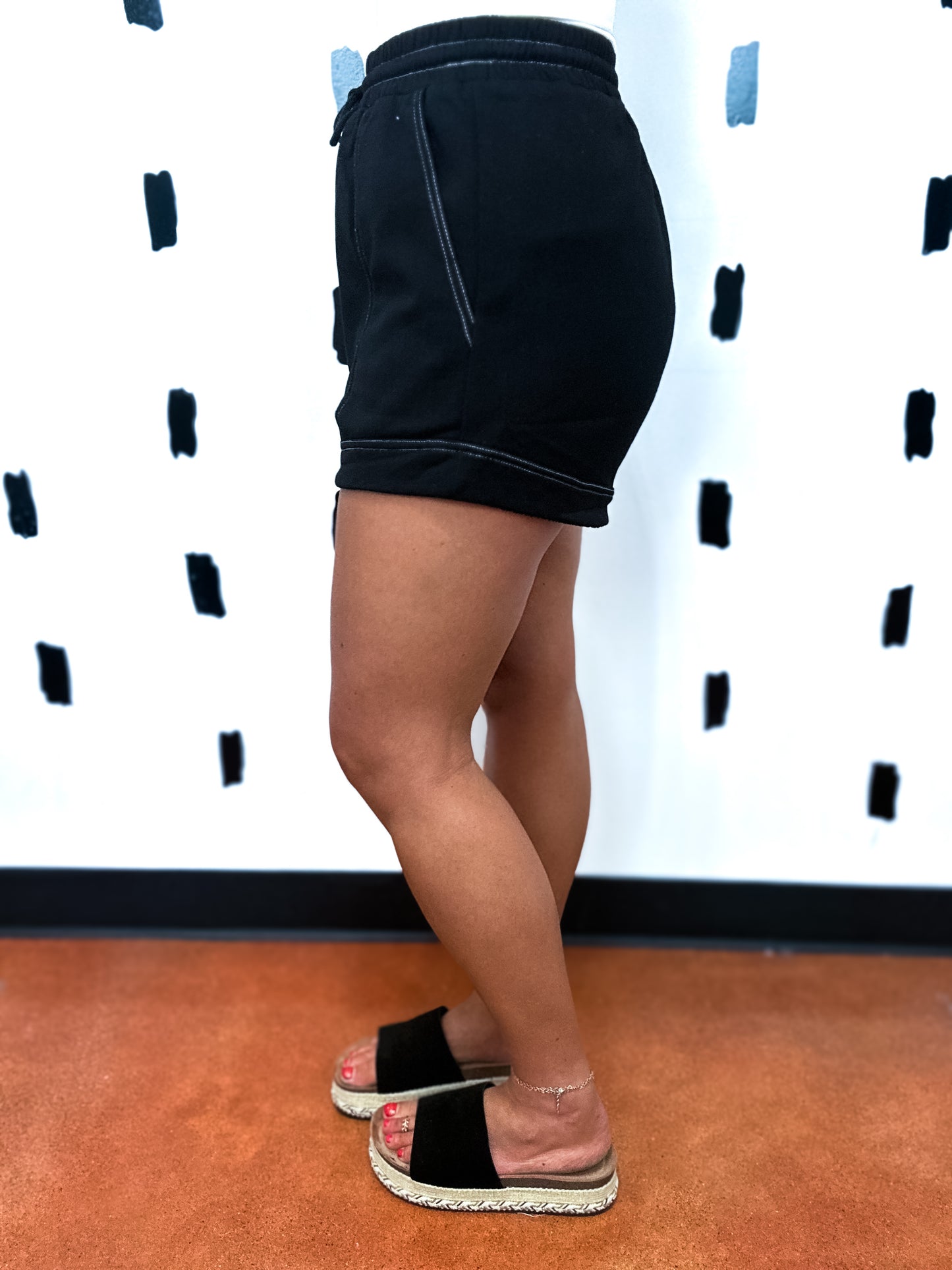 Black French Terry Elastic Waist Shorts