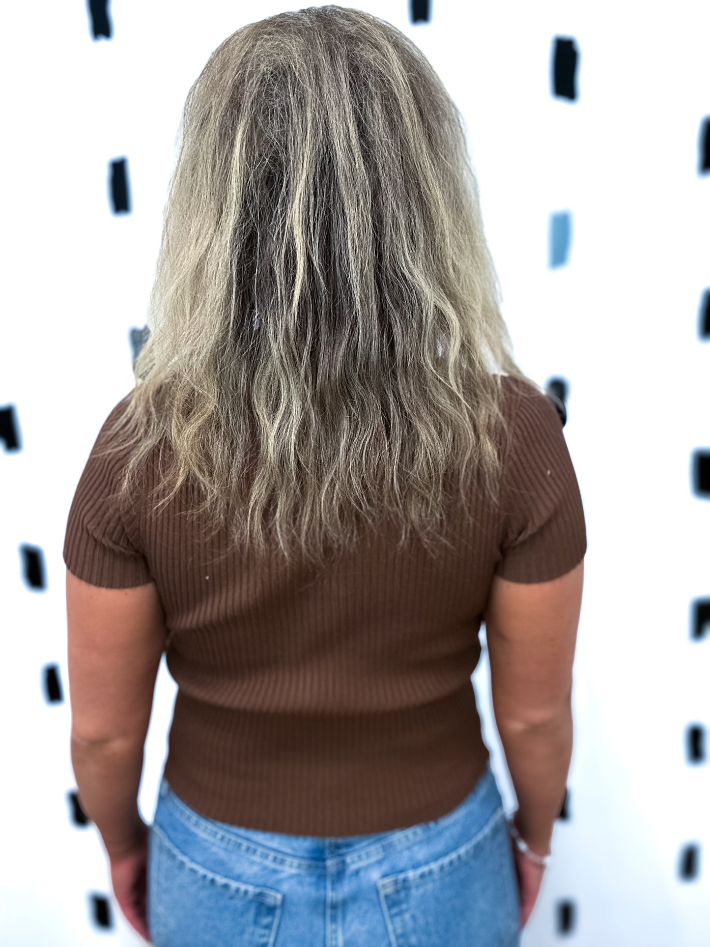 Brown Collar Short Sleeve Knit Top