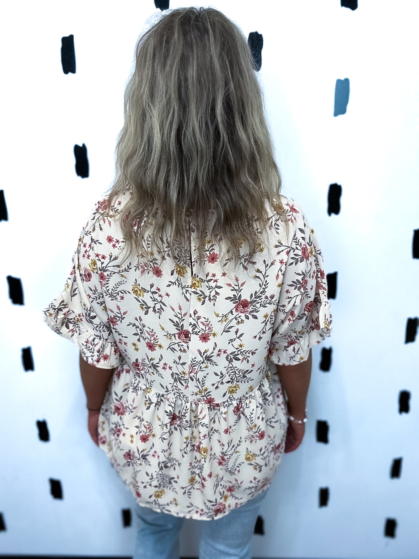 Cream Floral Print Ruffle Sleeve Blouse