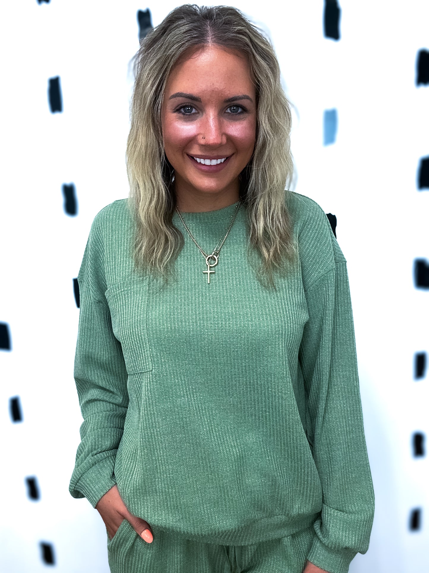 Olive Waffle Knit Long Sleeve Top