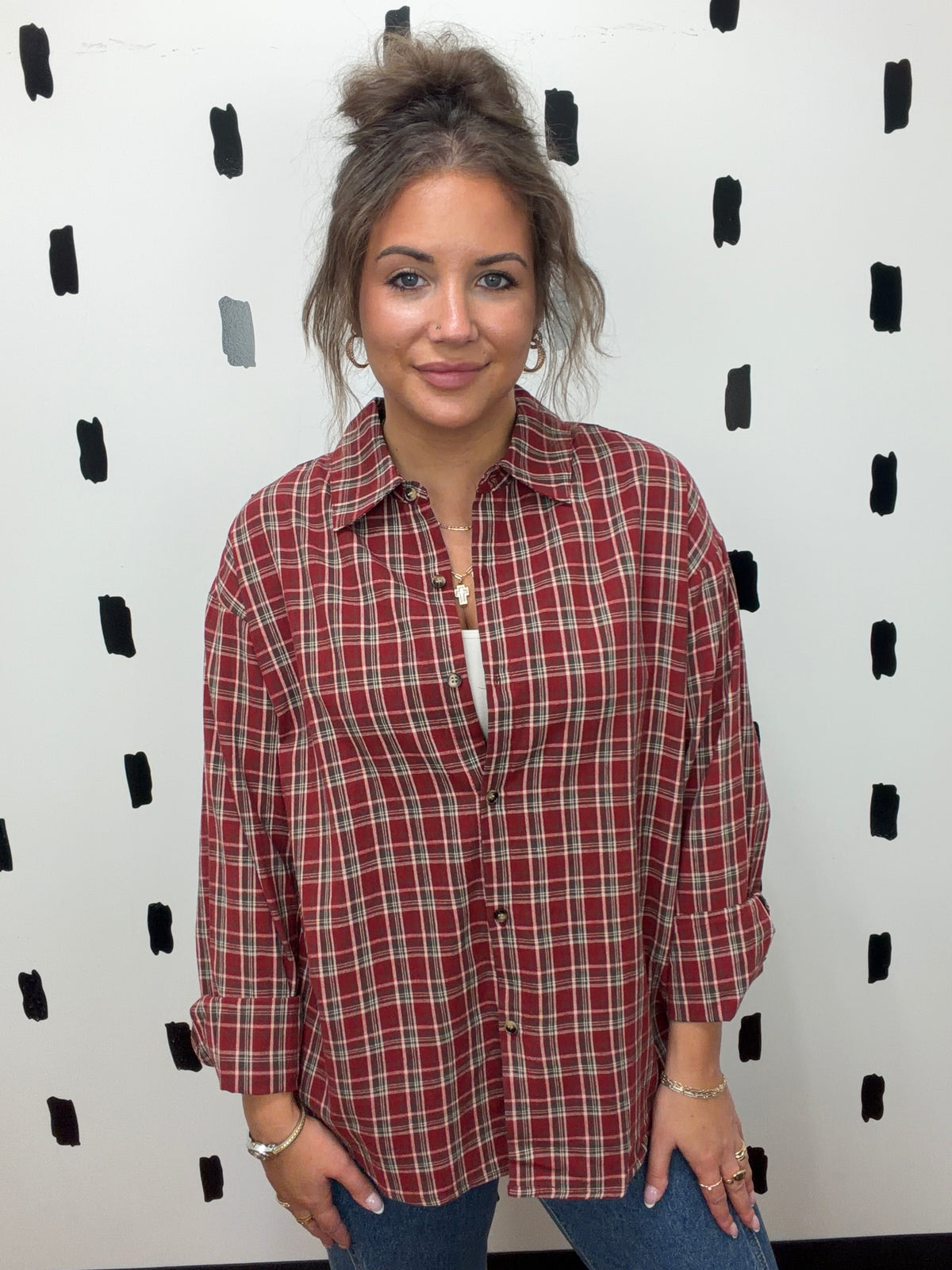 Dark Red Button Up Plaid Top