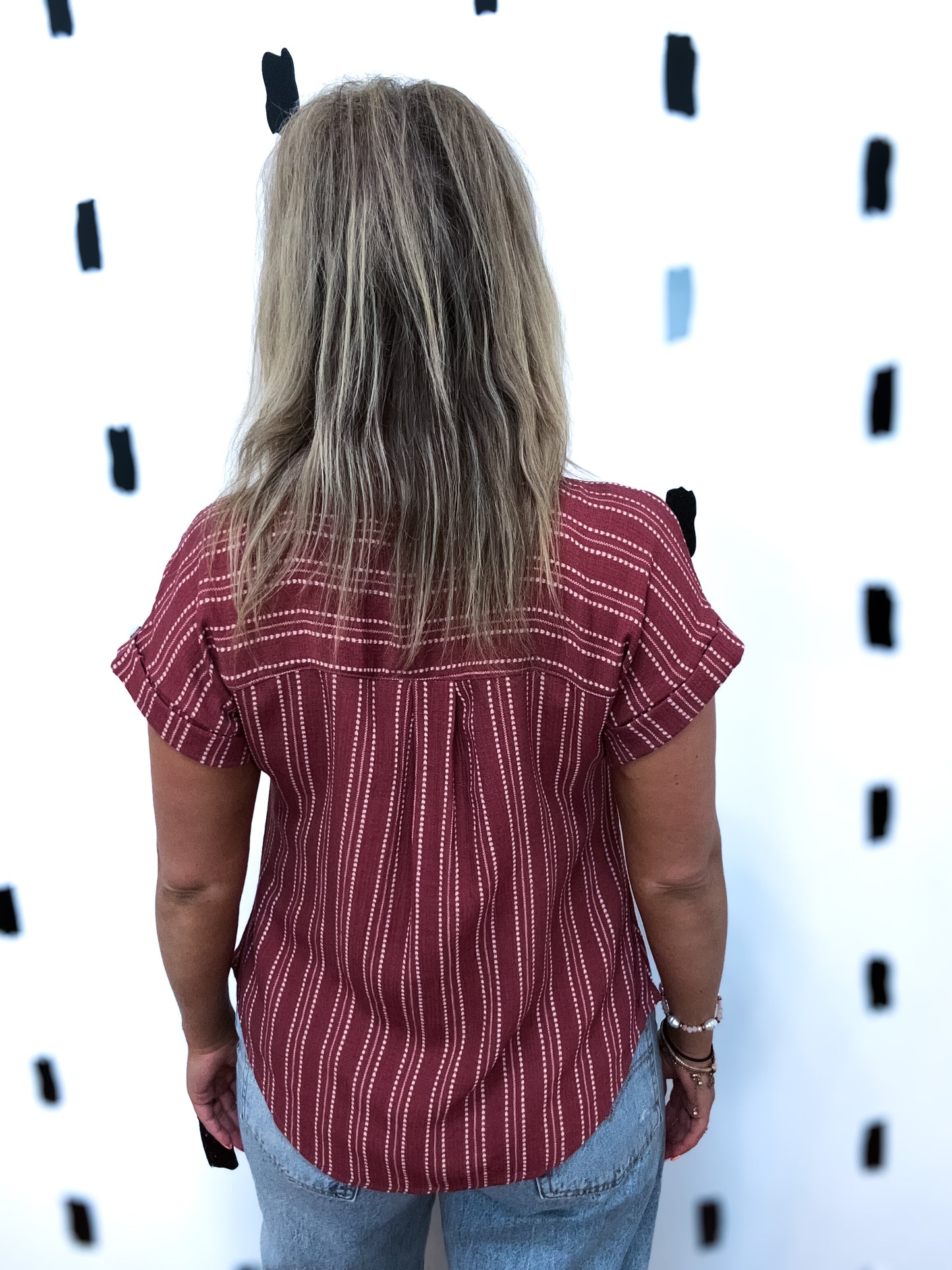 Burgundy Striped Half Button Short Sleeve Top