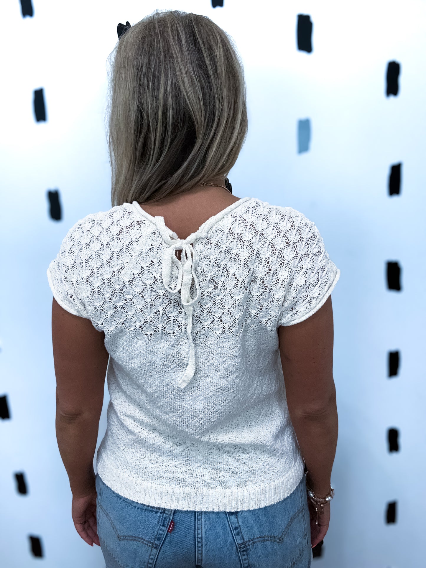Ivory Eyelet Yoke Sweater Knit Top