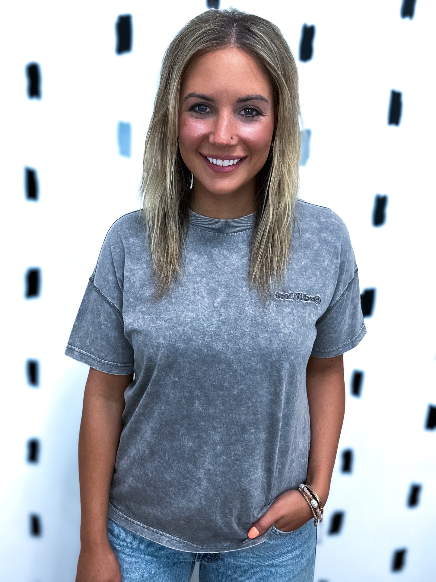 Charcoal Good Vibes Embroidered Short Sleeve Tee